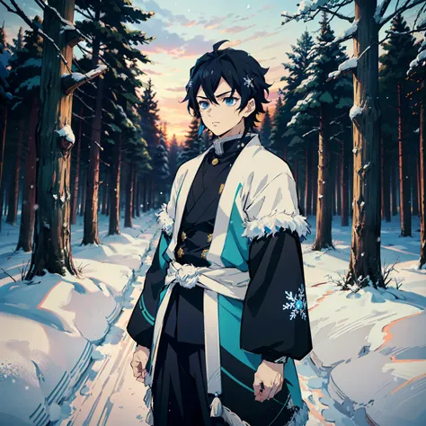 the anime, (best quality), 1guy, stands still, (broad-shouldered), (snow-covered forest with sunset), messy black hair (short), ...