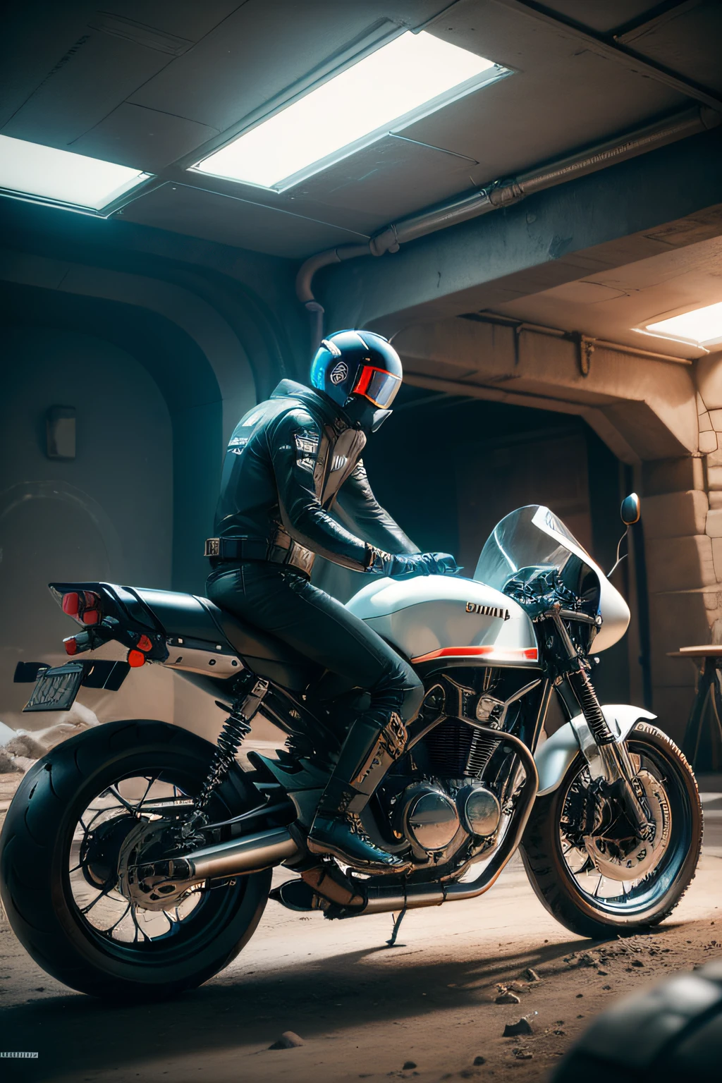 futuristic vintage robotic android retro avant garde motorbike with lasser at cave with ligths polar desire cinematic photoreal