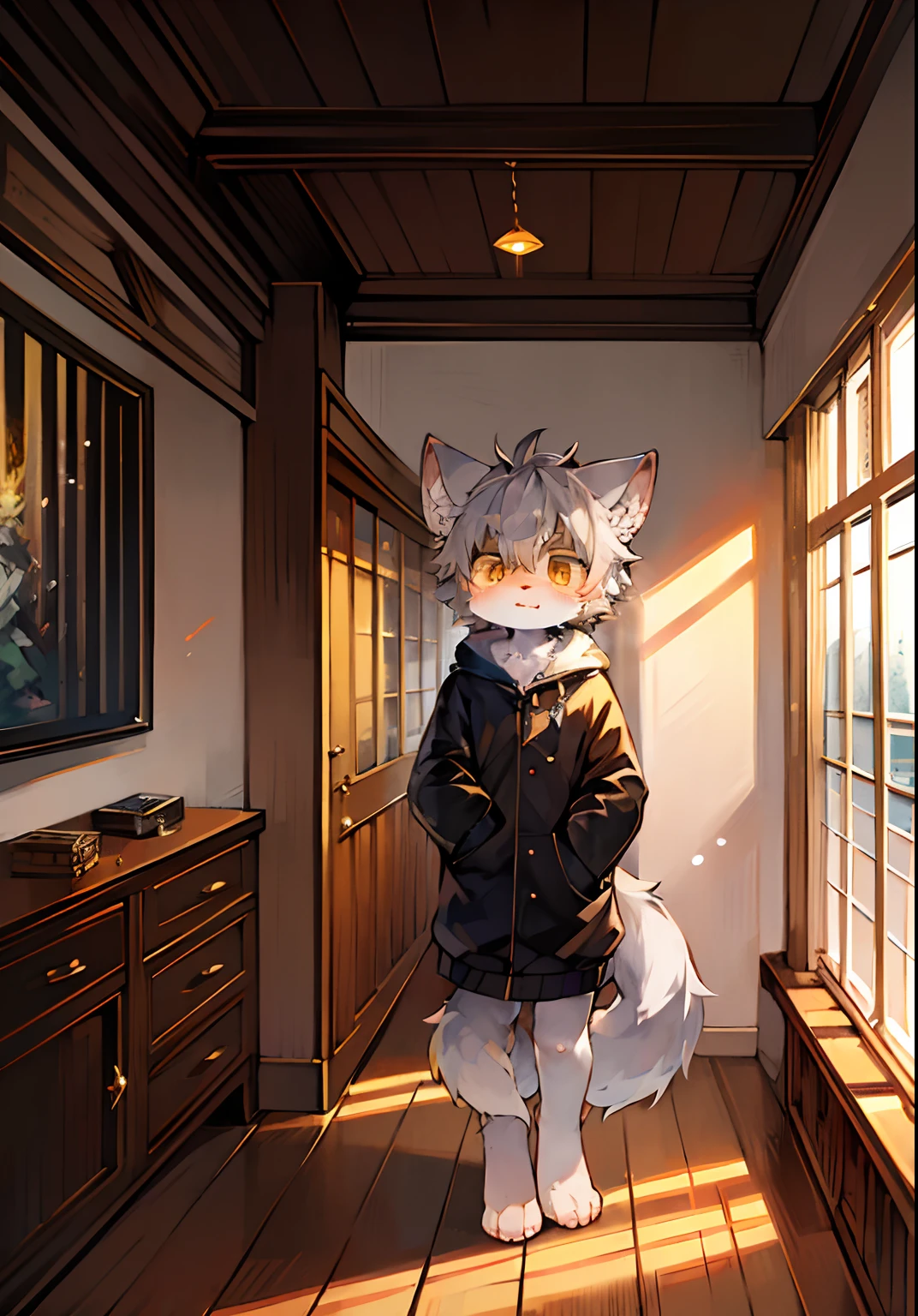 (ambiente dark:0.8),masterpiece,high quality,abstract res,digital painting\(artwork\), by dagasi, yupa,kiyosan,(anthro,fluffy fur,character focus:1.1),anthro male cat,short hair,portrait , eyes with brightness, in a panoramic view, Character focus.(detailedbackground:0.7), 独奏, shaggy, shaggy male, malefocus, anthr,(Full Body Furry, Fluffy tail, White fur, Golden eyes, Gray hair:1.2), (long canines、jaket:1.2),(interiors、the night:1.1)