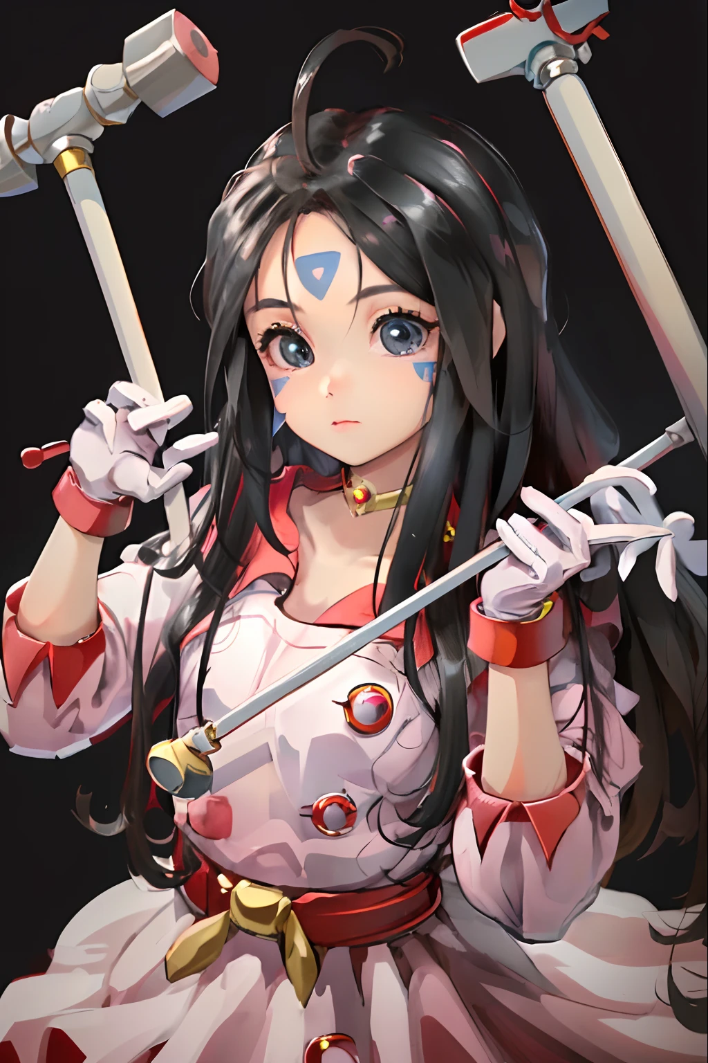 (8k, masterpiece, best quality, official art),
1girl, solo,
kawaii, cute, very big eyes, Aesthetic Anime Eyes, small face,
hmskuld, black hair, facial mark, forehead mark, ahoge, white gloves, jewelry, dress,
red hammer, white handle, holding hammer,