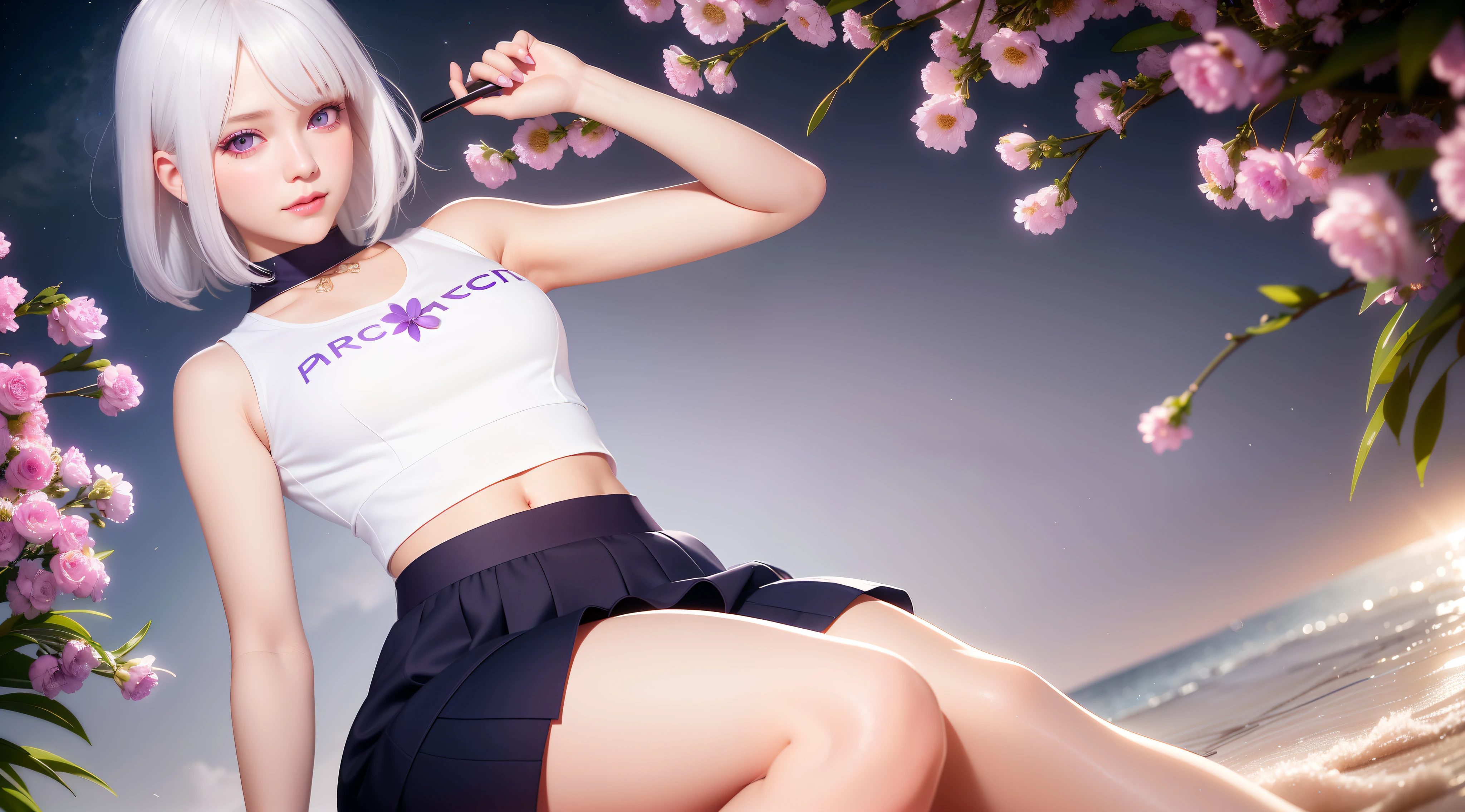 realistic, 1girl, white hair, purple eyes, glowing eyes, crop top, skirt, parted lips, blush, night, flowers, sun, sunlight,