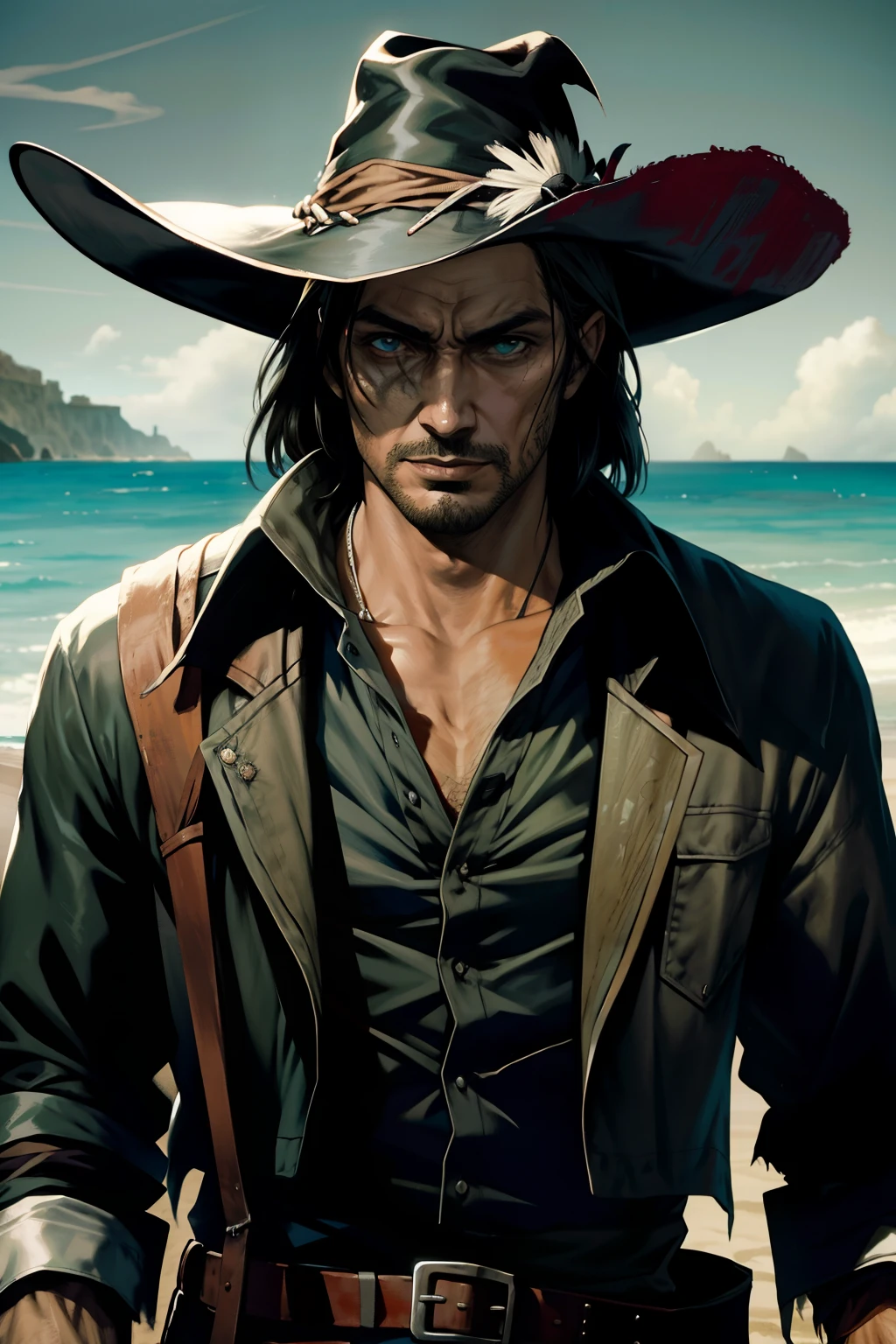 pintura de um homem na praia, olhos abertos, olhos verdes esmeralda, olhos detalhados Escuro, o realista Solomon Kane, as a solomon kane, portrait of a bloodborne hunter, Tim Bradstreet, Arte Sangrenta, oeste estranho, Jessé McCree, Directed by: Hiroyuki Tajima, terras mortas, Pistoleiro, Fazer software, Directed by: Yoshihiko Wada, Leiji Matsumoto, Estilo de arte Red Dead Redemption