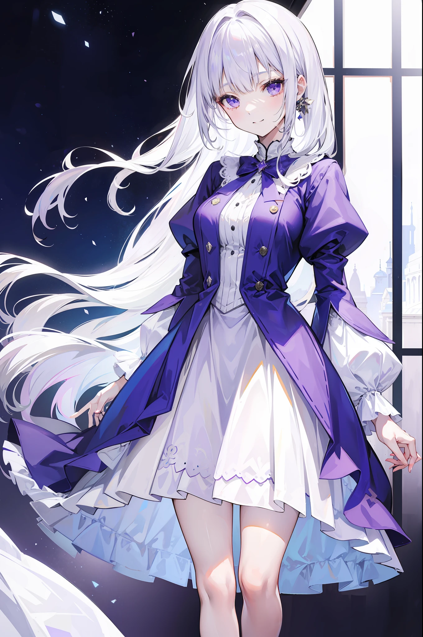 Beautiful girl with white hair，Violet skirt，Tall and tall，slenderness，With a smile，Flushed face，Standing in Wonderland，Radiant