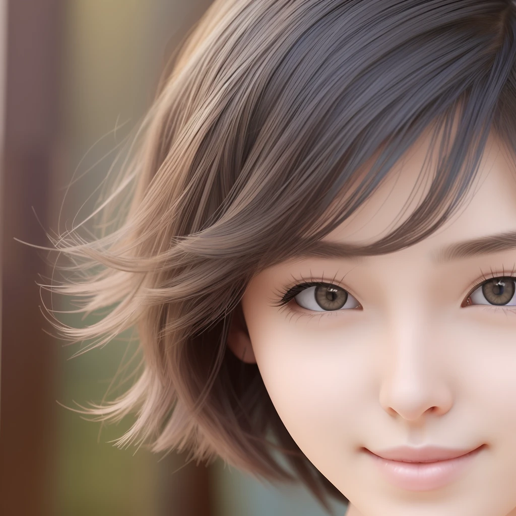 euroasia girl, 24 years old, short hair curly with grey color, blue-hazel eyes, oval face, small lips, long nose, quiet and calm personality, little smile on her face, with average boobs, wear cross necklace, 258k quality, photo realistic --auto --s2