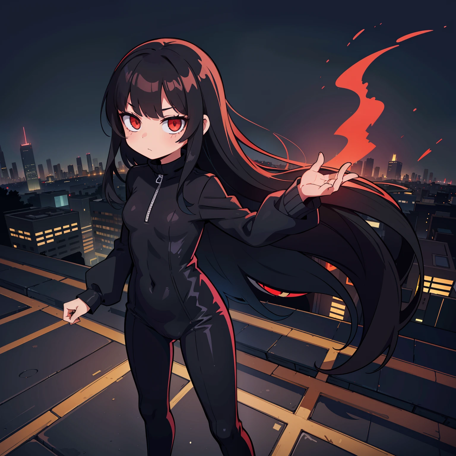 a li with long black hair, red glowing eyes, petite body, black suit, standing on ledge overlooking city skyline at night