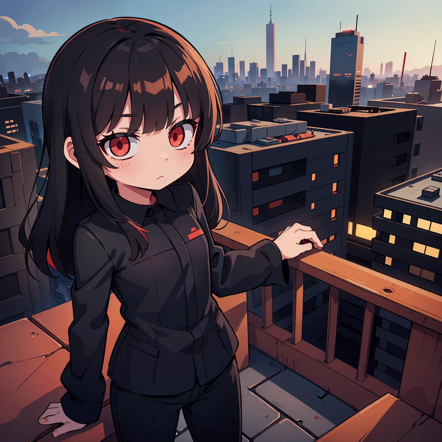 a li with long black hair, red glowing eyes, petite body, black suit, standing on ledge overlooking city skyline at night