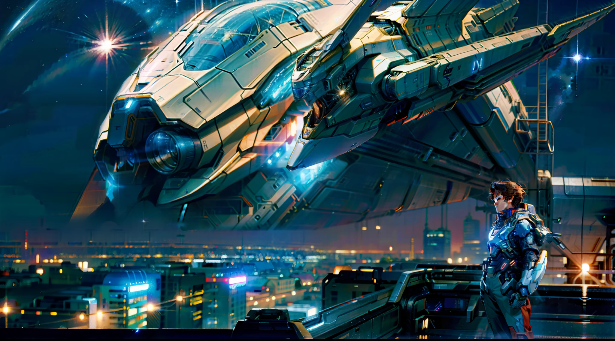 "(sci fi city)Gorgeous starry sky,(Mecha future young man)Soar in a spaceship piloted"