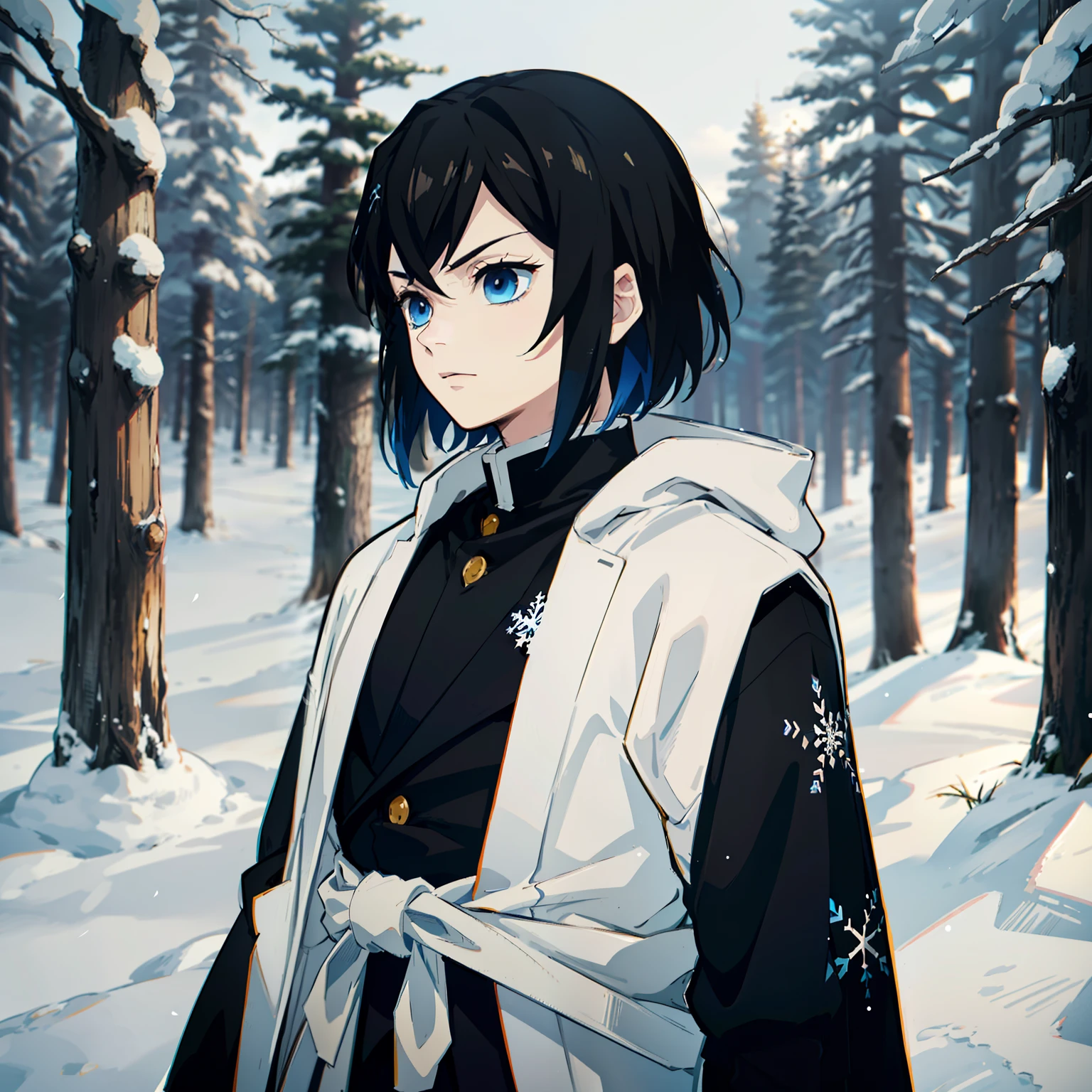 the anime, (Best Quality), ((1guy)) , The boy stands still (Young and young), (Snowy forest with sunrise), (((extremely short hair))), (((black hair))), (((Without bangs))), ((Impassive blue eyes)), japanese clothes, Open black coat ((Black with snowflake pattern)), ((hem at the waist)), The Art of the Demon Slayer, demon slayer artstyle, kimetsu no yaiba, ((close - up)), ((portraite of a))