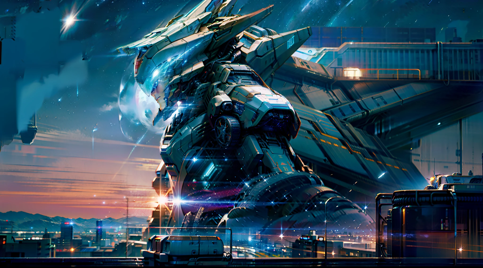 "(sci fi city)Gorgeous starry sky,(Mecha future young man)Soar in a spaceship piloted"
