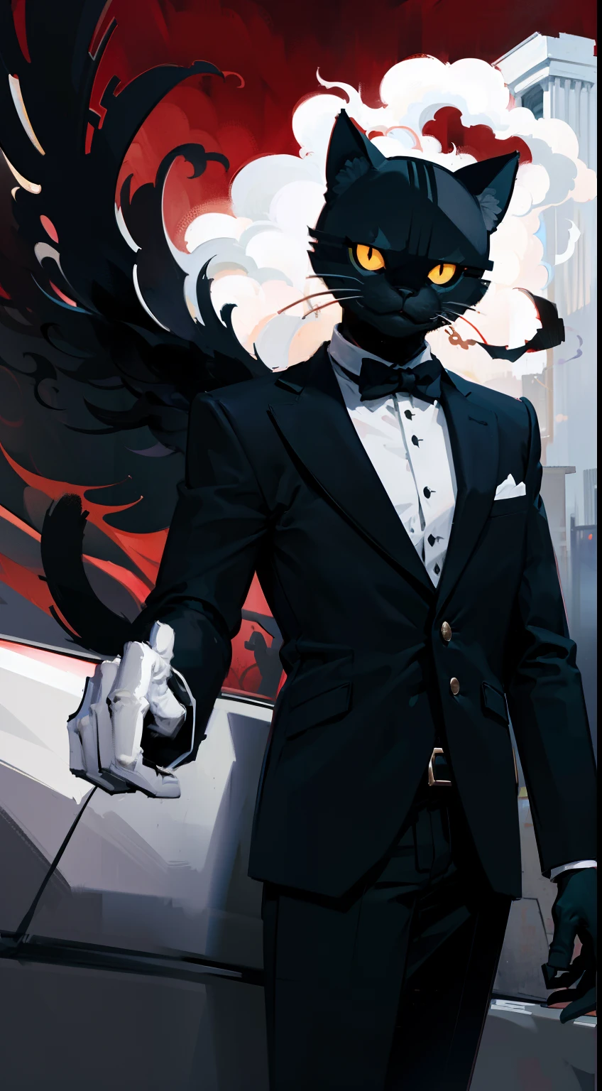 1man, masterpiece,strange head, cat head, cat, couch, gun, pistol, smoke, formal clothes,suit, white shirt, high details, gorgeous, 4k, BREAK close up, no humans, cinematic, dramatic,contrast, , night,fog, wallpaper, misteryous, digital art,