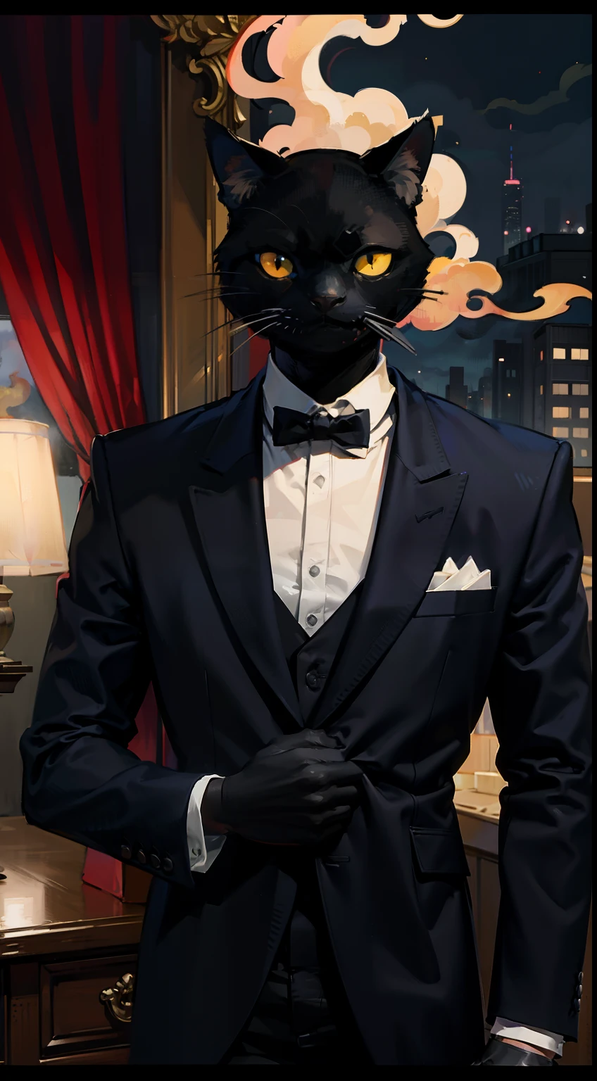 1man, masterpiece,strange head, cat head, cat, couch, gun, pistol, smoke, formal clothes,suit, white shirt, high details, gorgeous, 4k, BREAK close up, no humans, cinematic, dramatic,contrast, , night,fog, wallpaper, misteryous, digital art,