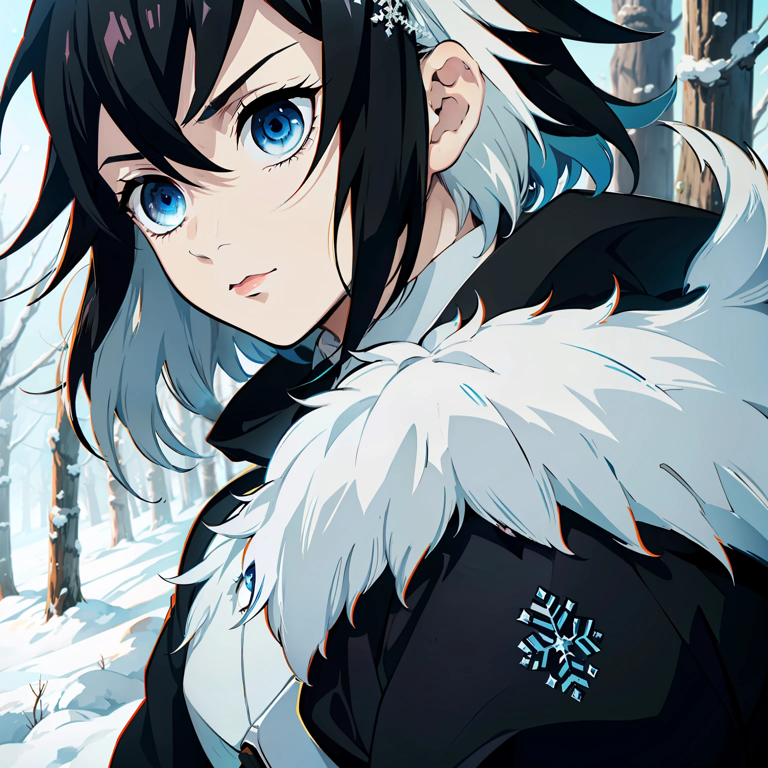 the anime, (Best Quality), ((1guy)) , The boy stands still (Young and young), (Snowy forest with sunrise), (((extremely short hair))), (((black hair))), (((Without bangs))), ((Impassive blue eyes)), japanese clothes, Open black coat ((Black with snowflake pattern)), ((hem at the waist)), The Art of the Demon Slayer, demon slayer artstyle, kimetsu no yaiba, ((close - up)), ((portraite of a))