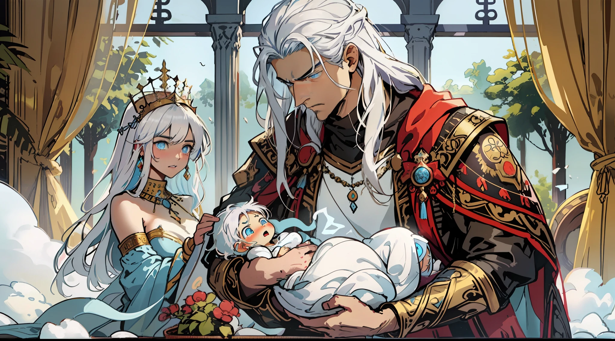 "Persian King and queen with awe-struck expression looking at a newborn baby in a beautifully adorned basket, baby with ethereal white hair and mesmerizing blue eyes, king showcasing genuine surprise King's hair is brown."