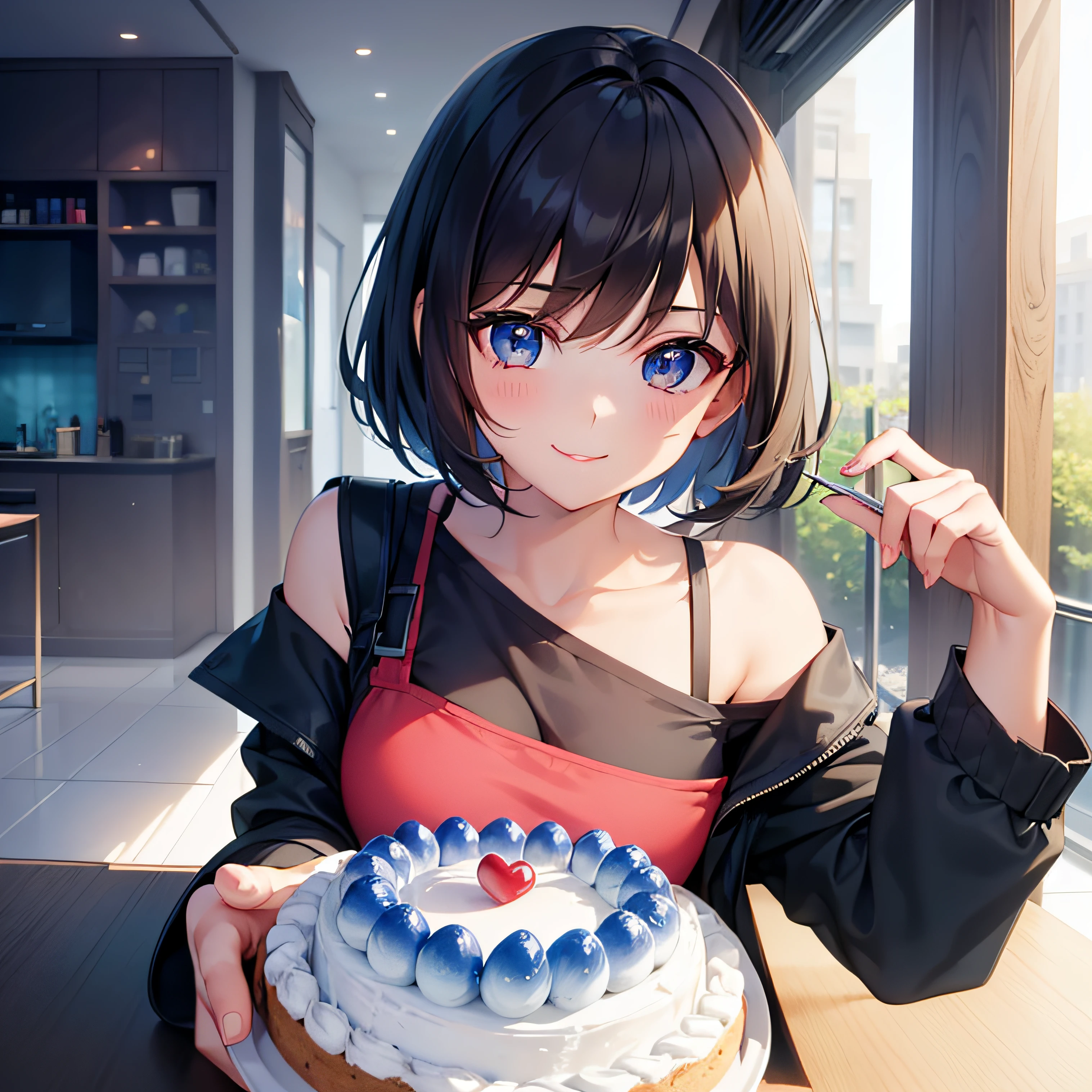 {1girl in,Shorthair, A dark-haired, blue eyess}, {Ice cream, optic, a cake}, {Smiling, A smile, Red face}, concept-art, beautiful anime scene, Beautiful anime scenery, top-quality, masterpiece