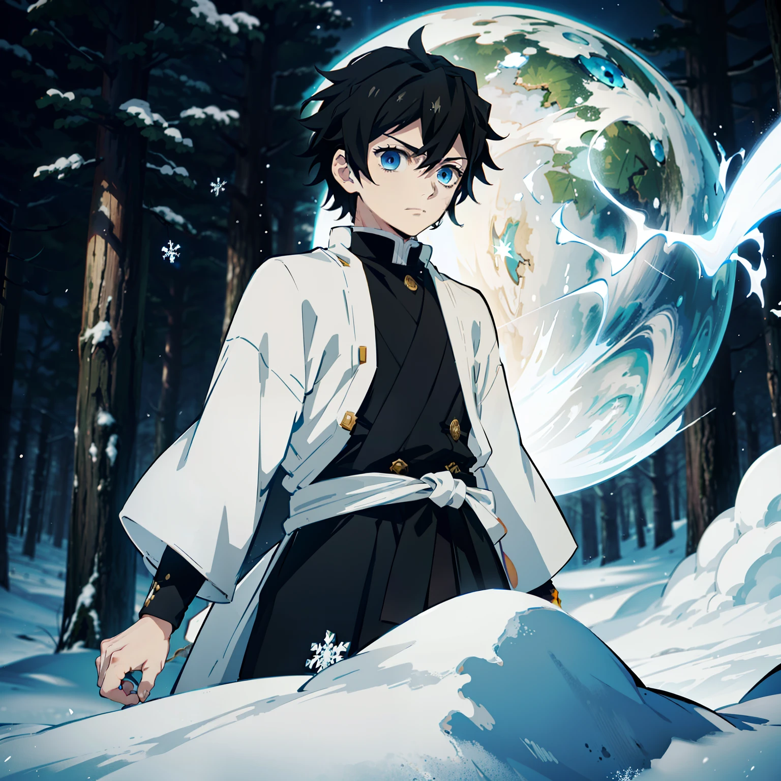 the anime, (Best Quality), ((1guy)) , The boy stands still (Young and young), (Snowy forest with sunrise), (((Very short black hair))), ((Impassive blue eyes)), japanese clothes, Open black coat ((Black with snowflake pattern)), ((hem at the waist)), The Art of the Demon Slayer, demon slayer artstyle, kimetsu no yaiba, ((close - up)), ((portraite of a))