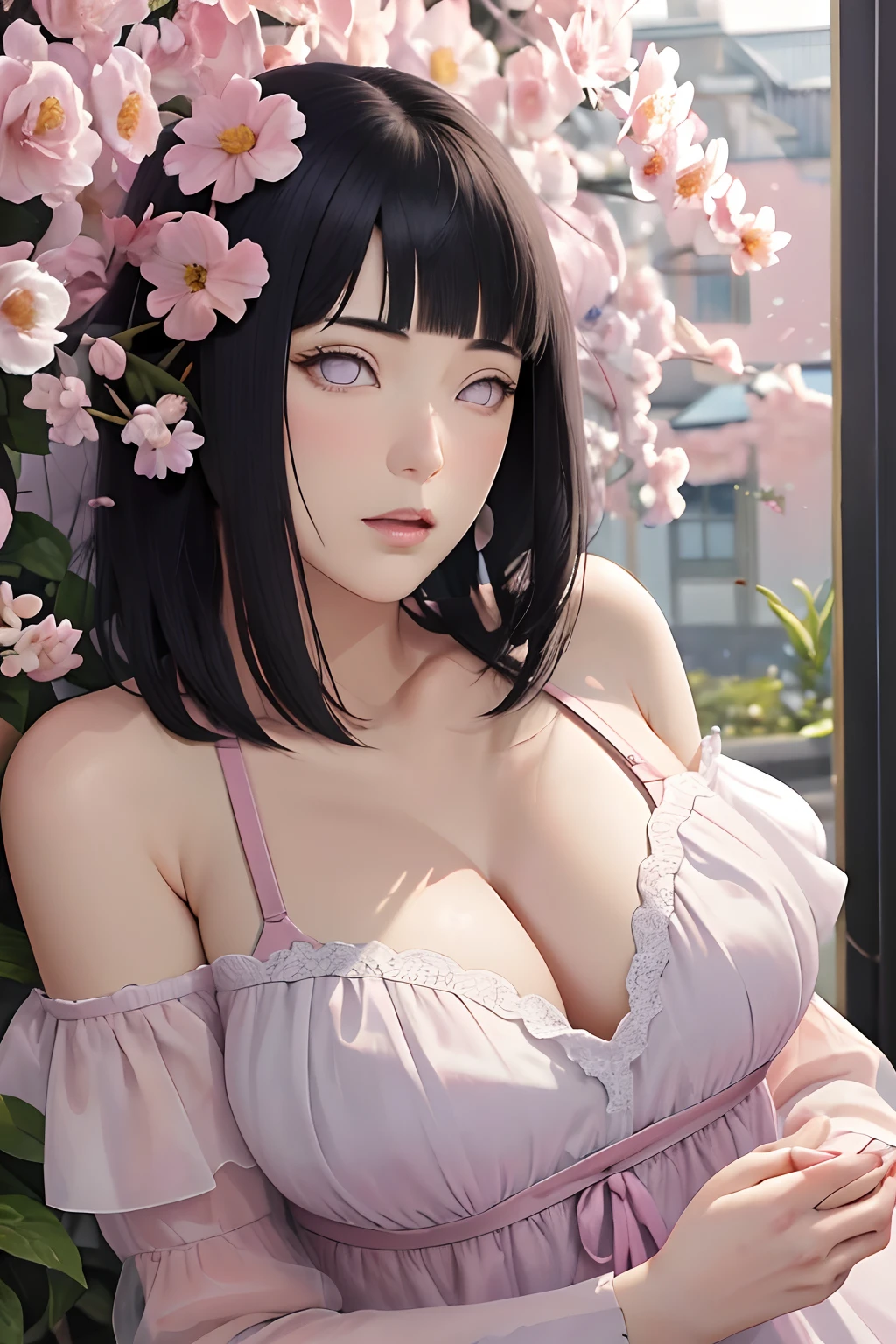 masterpiece, absurdres, hinata hyuga, 1girl, solo,mature female, off shoulder lace mini dress, looking at viewer, (falling petals), perfect composition, detailed lips, big breast, beautiful face, body propotion, blush, (pink lips), long hair, purple eyes, soft gaze, super realistic, detailed, photoshoot, realistic face and body, detail body, detail finger, sexual expression, seductive expression, ear cat