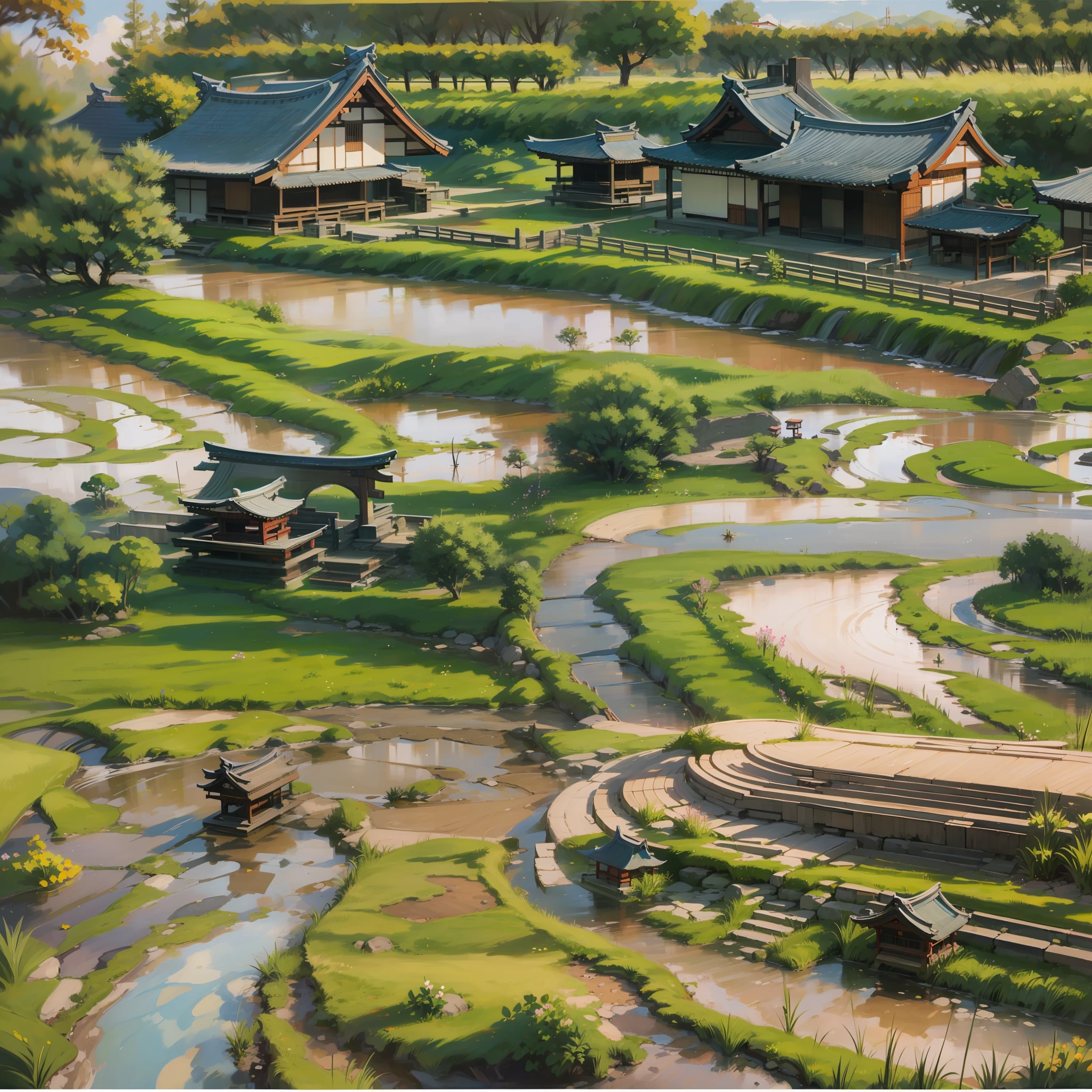 Scenery of the old Japan,rice paddy:1.8,Japan countryside:1.8,Plowing the field:1.8,dutch angle shot,ground-level shot,low angle,full body shot,medium shot,long shot,Countryside,landscape in Japan:1.8,Landscape painting,no humans:1.8,4K, (Raw photo: 1.2), (Realism: 1.4), (masutepiece: 1.3), (exquisite detailing: 1.2), Delicate and beautiful details, (Eye Detail), (Facial Detailed), (Highest Quality) :1.4), (Hyper-Resolution: 1.2), cinematric light, (very detailed illustration), (Best Quality, Super Resolution, depth of fields, Wide light, natural shadows