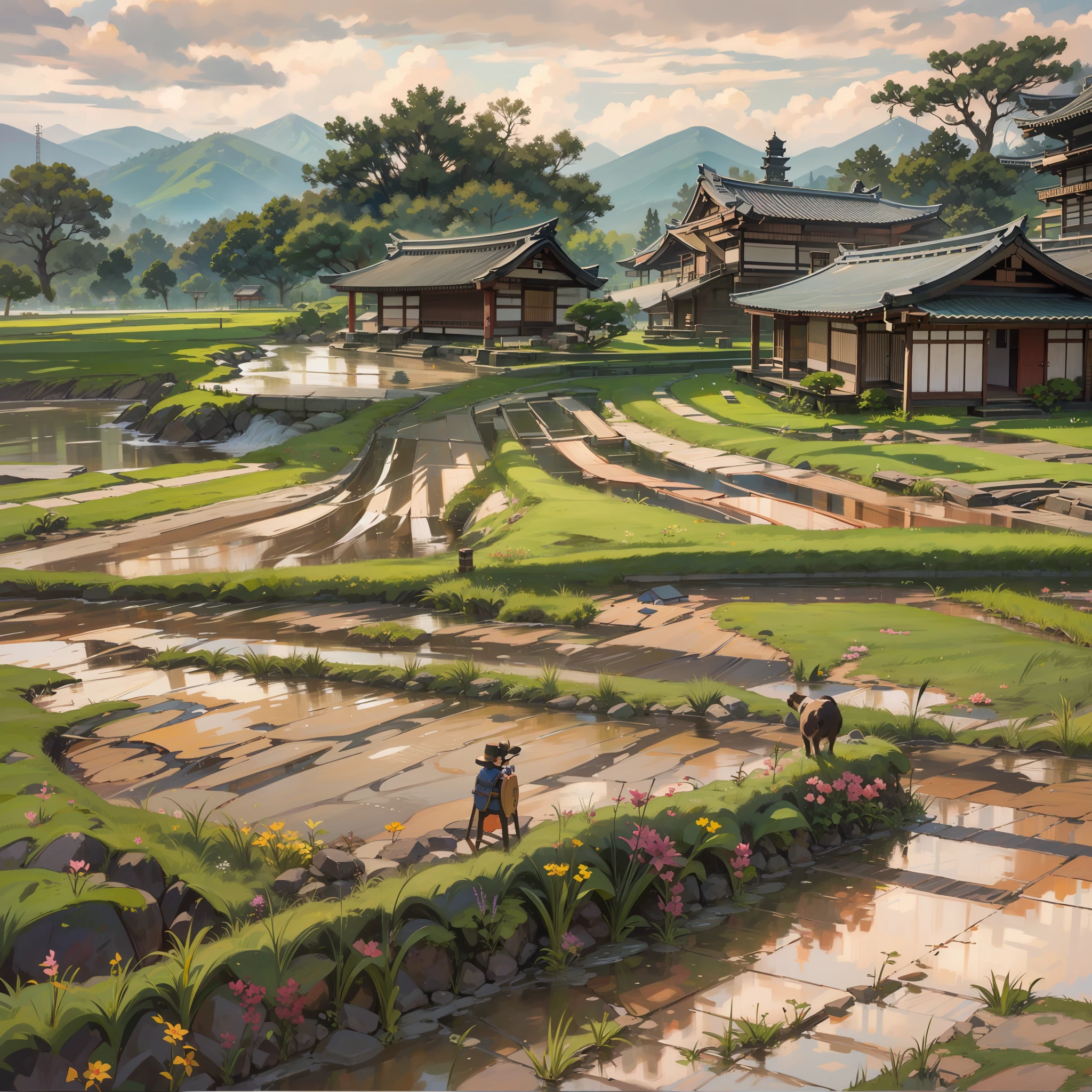 Scenery of the old Japan,rice paddy:1.8,Japan countryside:1.8,Plowing the field:1.8,dutch angle shot,ground-level shot,low angle,full body shot,medium shot,long shot,Countryside,landscape in Japan:1.8,Landscape painting,no humans:1.8,4K, (Raw photo: 1.2), (Realism: 1.4), (masutepiece: 1.3), (exquisite detailing: 1.2), Delicate and beautiful details, (Eye Detail), (Facial Detailed), (Highest Quality) :1.4), (Hyper-Resolution: 1.2), cinematric light, (very detailed illustration), (Best Quality, Super Resolution, depth of fields, Wide light, natural shadows