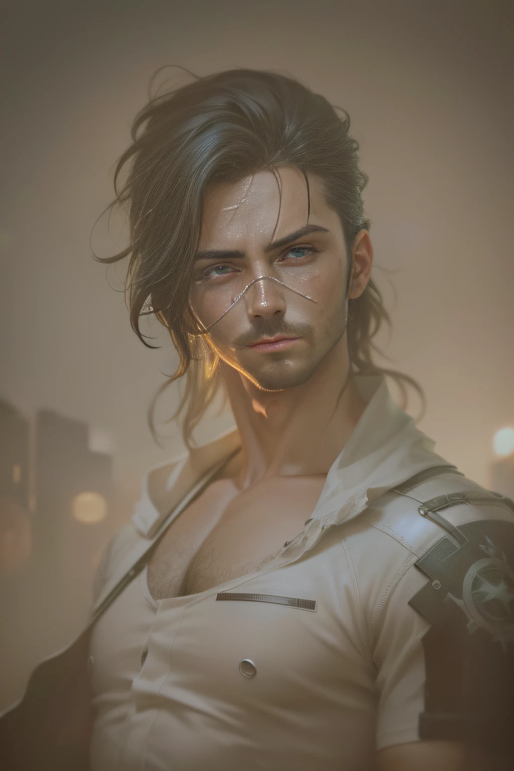 Uma foto colorida de canetaazul como um (cyberpunk thief) em uma cidade, sexy, peito peludo, camisa branca, barba curta e bigode , fotorrealista, intrincado, altamente detalhado, analogue, por Constance Gordon-, detalhes intrincados, detalhes da pele e poros da pele, trending on deviantart, Retrato de Gigachad, fotorrealista, (olhos cinzentos bem desenhados),Fotografia premiada, canon, 35 mm, trending on ArtStation, modelshoot, analogue, Blade Runner, vivid and buzzing, Cyberpunk, volumetric light, studiolight, couro blindado, splinters and shoelaces, luzes intermitentes, chuva, pintura digital, arte conceitual, por Greg Rutkowski e midjourney