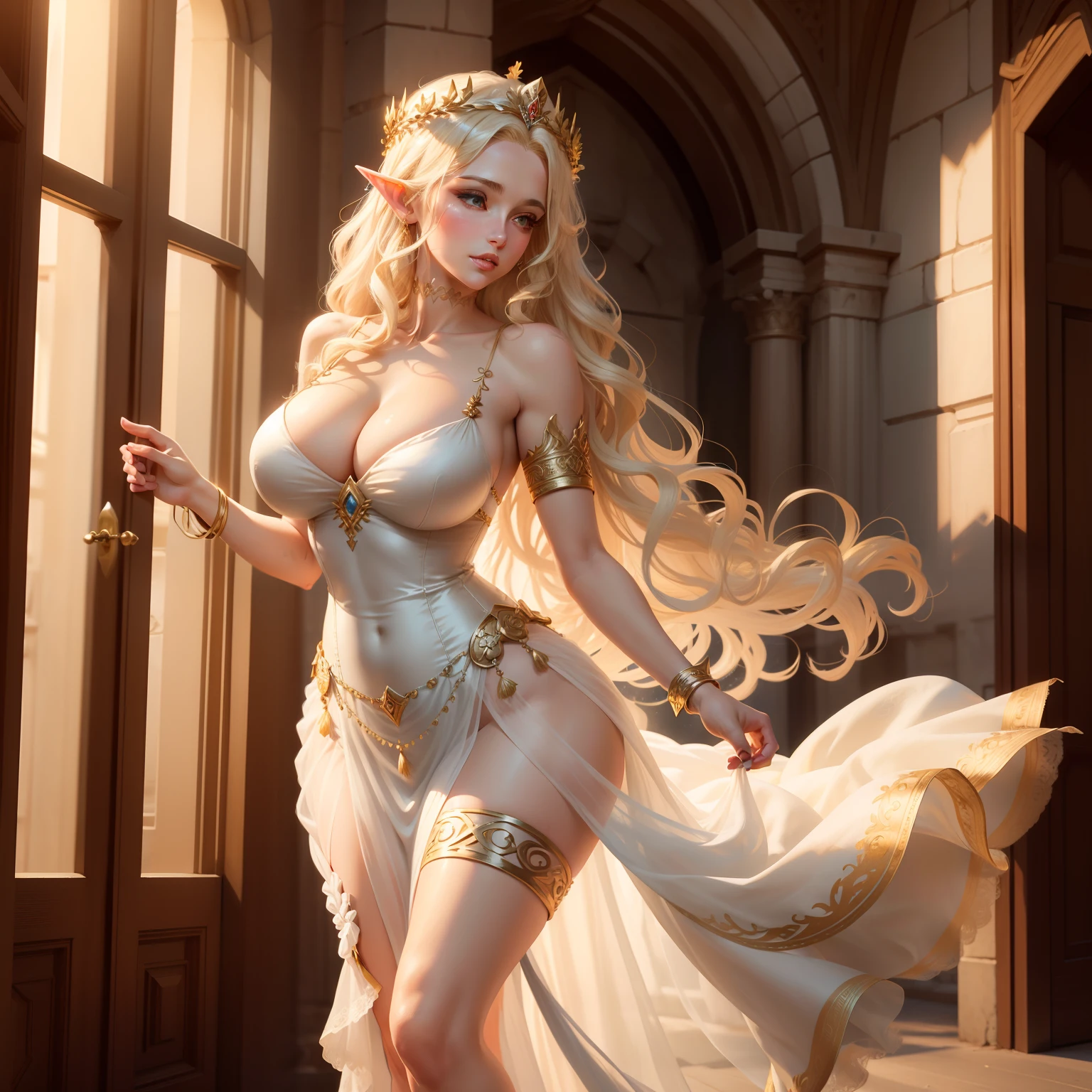 Big breasts erotic sensation，Greek goddess，Full body like，CG drawings，Light blonde curls，Tulle long dress，The barefoot，Elf ears，Crowns on the head，with fair skin，Tall and tall，Elegant and feminine，Mature temperament，HD simulation beauty，Cold wind