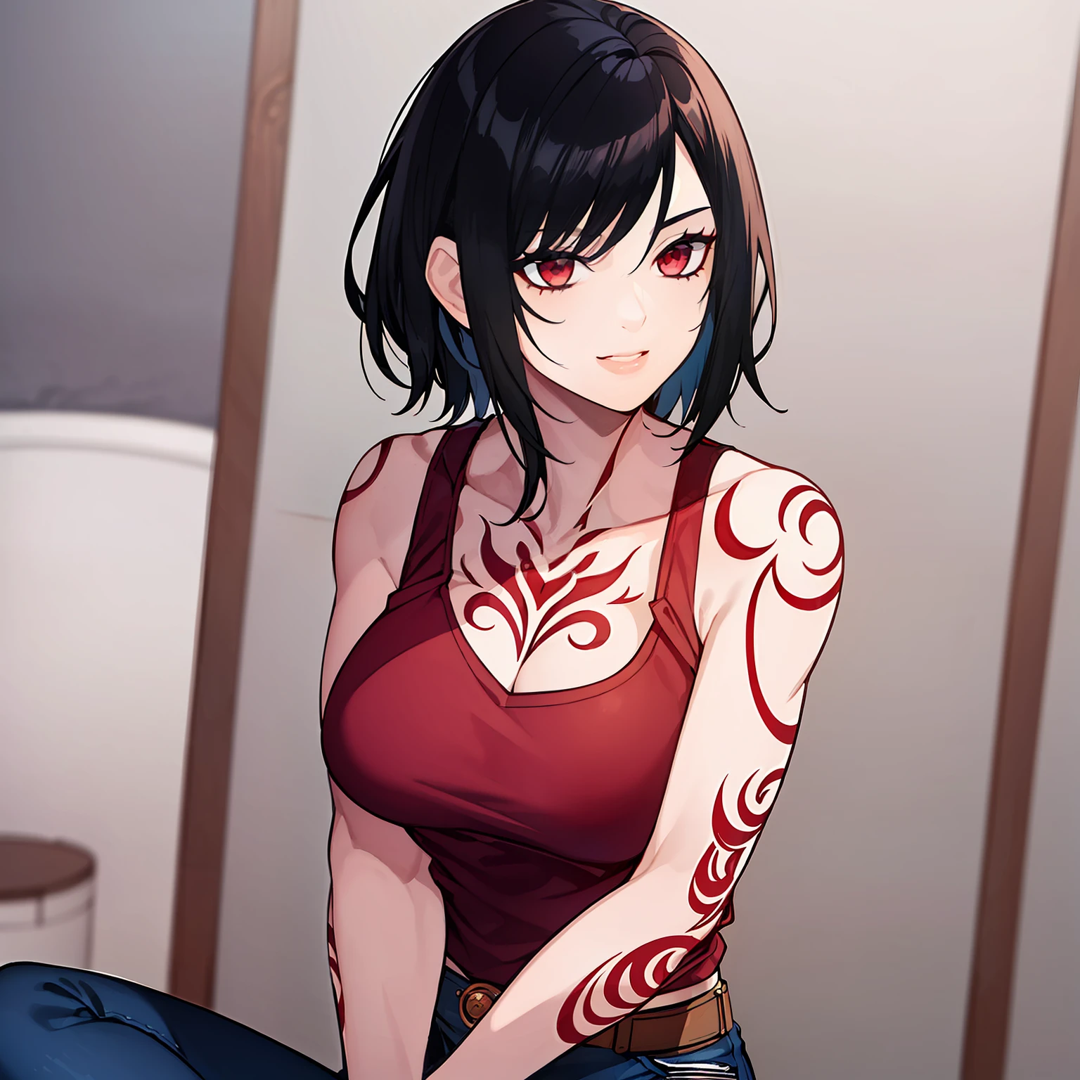 (1 woman), (solo), mature, deep black hair, wavy hair, short hair, pale skin, red cropped shirt, jeans jacket, muscle body, medium boobs, arms with many tattoos, arm tattoos, deep blue jeans, cocky smile, ((high quality)), ((very detailed))