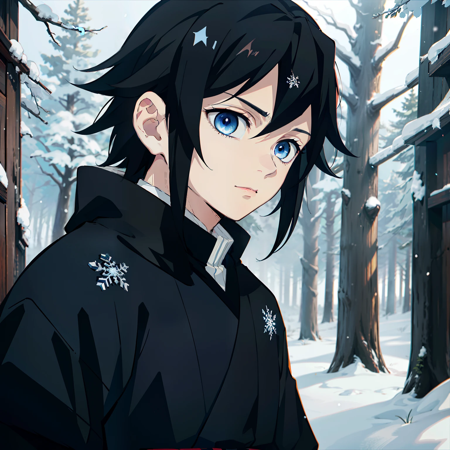 the anime, (Best Quality), ((1guy)) , The boy stands still (Young and young), (Snowy forest with sunrise), (((Very short black hair))), ((Impassive blue eyes)), japanese clothes, Open black coat ((Black with snowflake pattern)), ((hem at the waist)), The Art of the Demon Slayer, demon slayer artstyle, kimetsu no yaiba, ((close - up)), ((portraite of a))