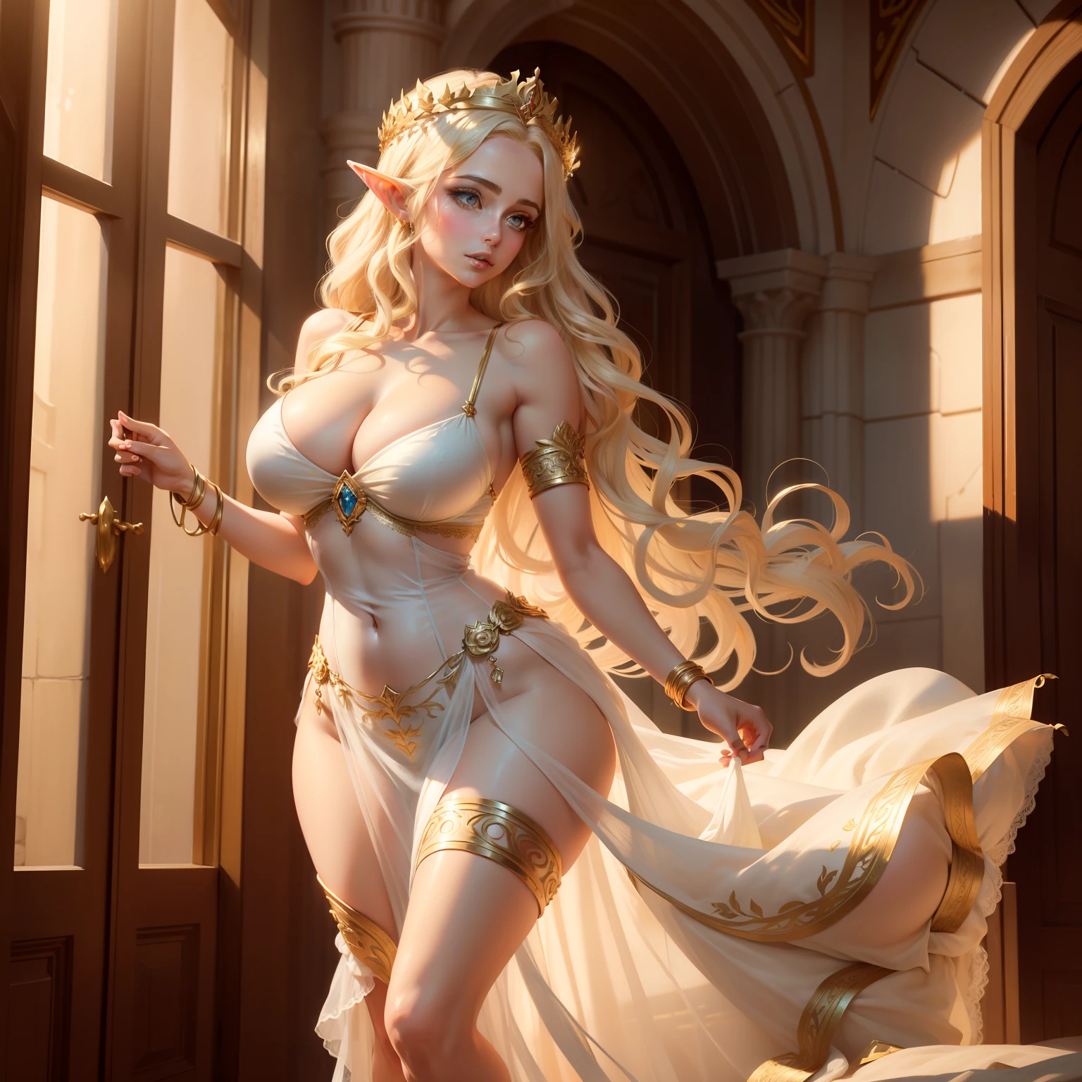 Big breasts erotic sensation,Greek goddess,Full body like,CG drawings,Light blonde curls,Tulle long dress,The barefoot,ears of elf,Crowns on the head,with fair skin,Tall and tall,Elegant and feminine,Mature temperament,HD picture,Big eyes and thin lips,Light golden pupils,Lie in the open bed,Sexy pose
