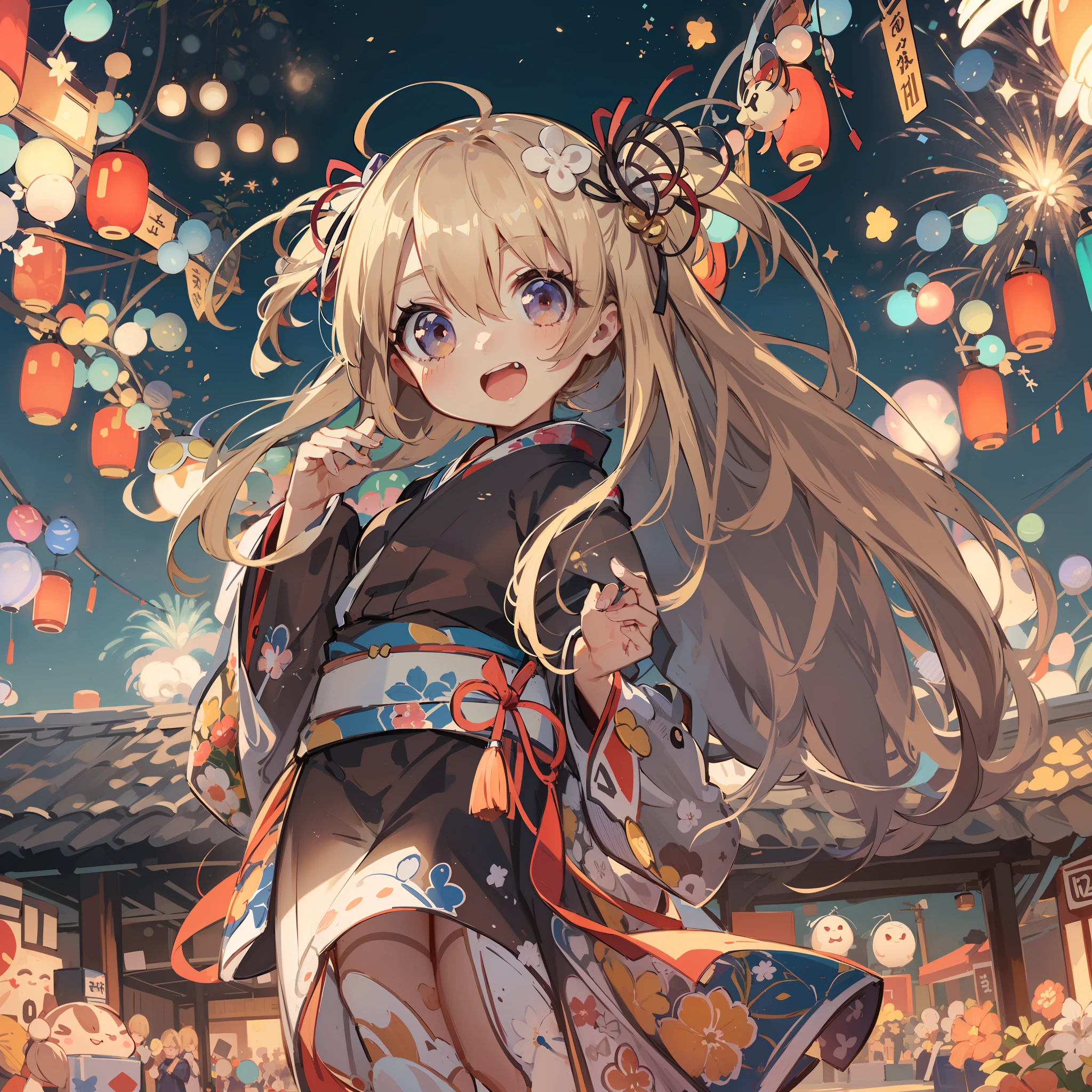 Chibi:1.8,Komono,Girl in Yukata,Blowing in the wind,Summer Festivals,natta,food stand,Spirit Stream,Big Fireworks:1.7,Fireworks in the night sky:1.8,poneyTail,dutch angle shot,ground-level shot,low angle,full body shot,long shot,(masutepiece: 1.3), (exquisite detailing: 1.2), Delicate and beautiful details, (Eye Detail), (Facial Detailed), (Highest Quality) :1.4), (Hyper-Resolution: 1.2), (very detailed illustration),Best Quality,depth of fields, Wide light, natural shadows