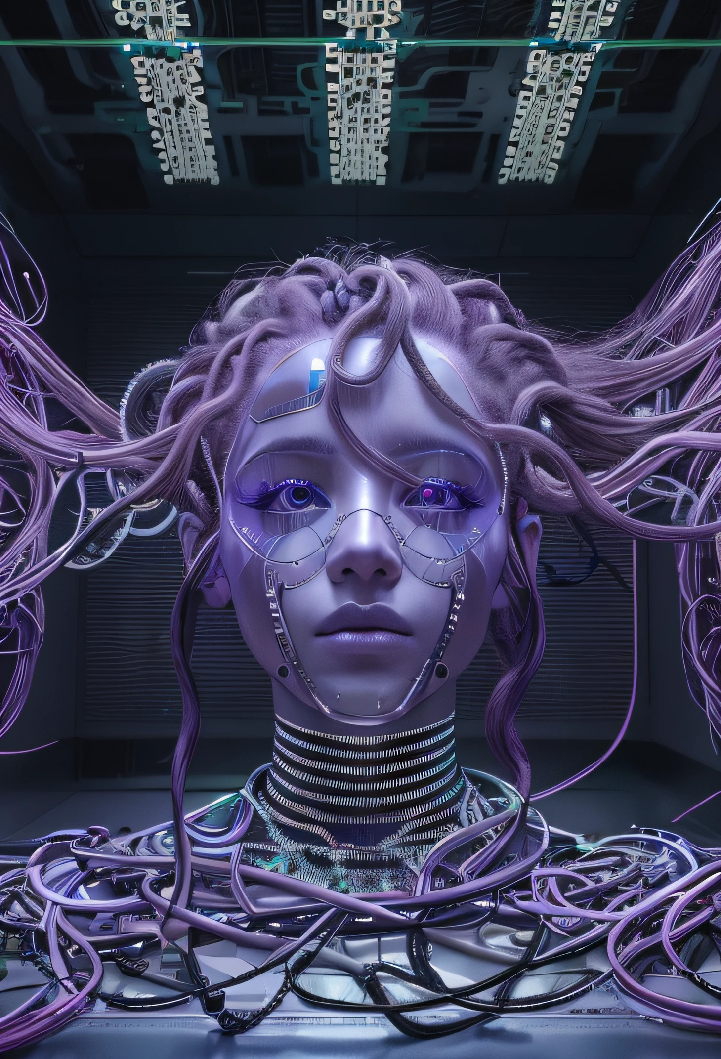 Un primer plano de una mujer con una cadena alrededor de su cabeza, Cybernetic Machine Face, intrincado transhumano, cyber chains such as braids, cybernetic and highly detailed, Retrato detallado de un ser humano Retrato de humanoide, Cyber Head, Arte cyberpunk ultrarrealista 8K, Cyberpunk Medusa, Cyborg - Chica con cabello plateado