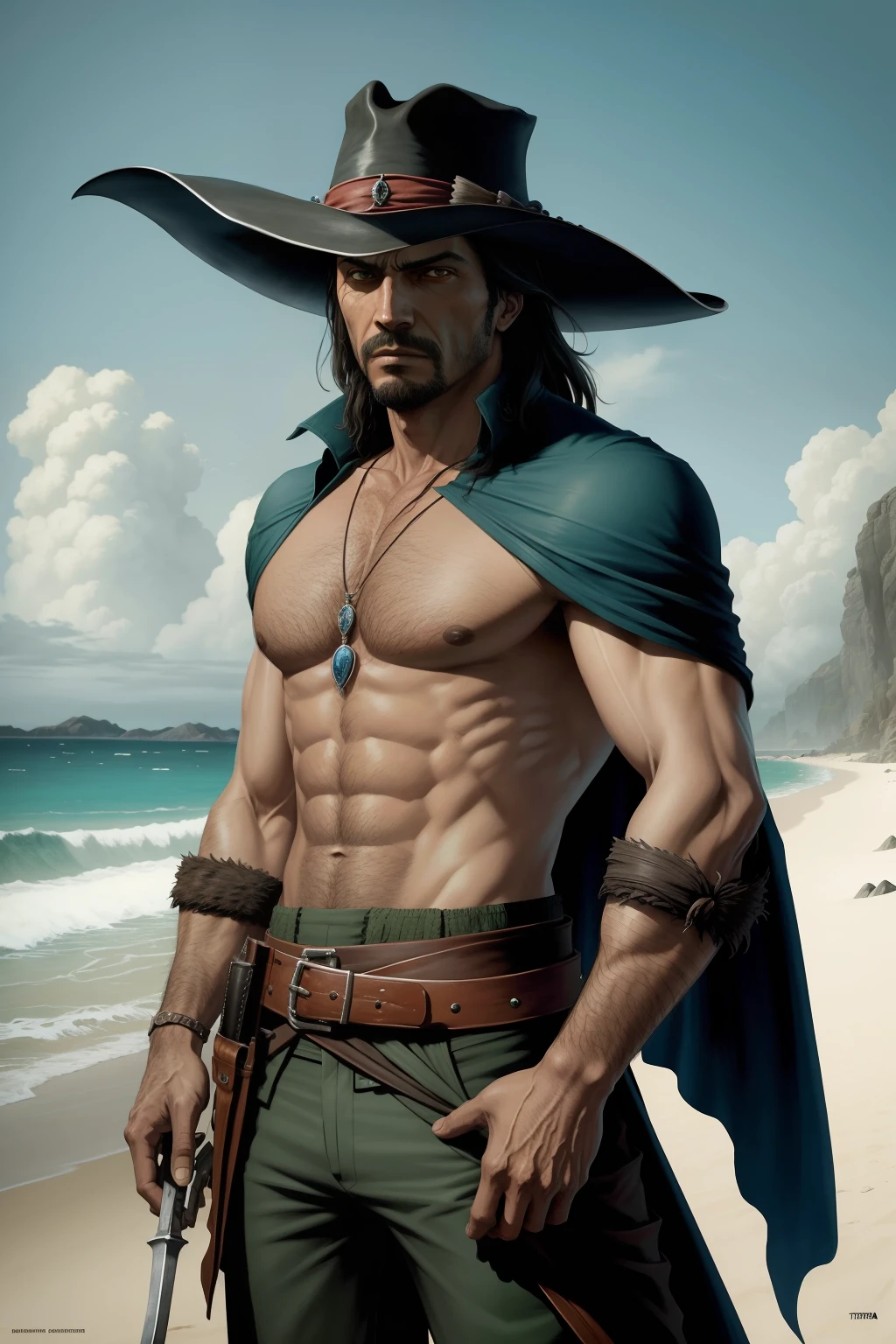 pintura de um homem na praia, olhos abertos, olhos verdes esmeralda, olhos detalhados Escuro, o realista Solomon Kane, as a solomon kane, portrait of a bloodborne hunter, Tim Bradstreet, Arte Sangrenta, oeste estranho, Jessé McCree, Directed by: Hiroyuki Tajima, terras mortas, Pistoleiro, Fazer software, Directed by: Yoshihiko Wada, Leiji Matsumoto, Estilo de arte Red Dead Redemption