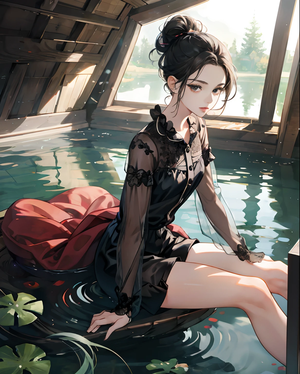 Superb masterpiece, 1girll,Hair up, Fair skin, Girls' pajamas, Black hair, Girl, Black eyes, Thigh clothing, coalescence, Super clear, face retouch, Pond background, looking at viewert,Sitting in the attic