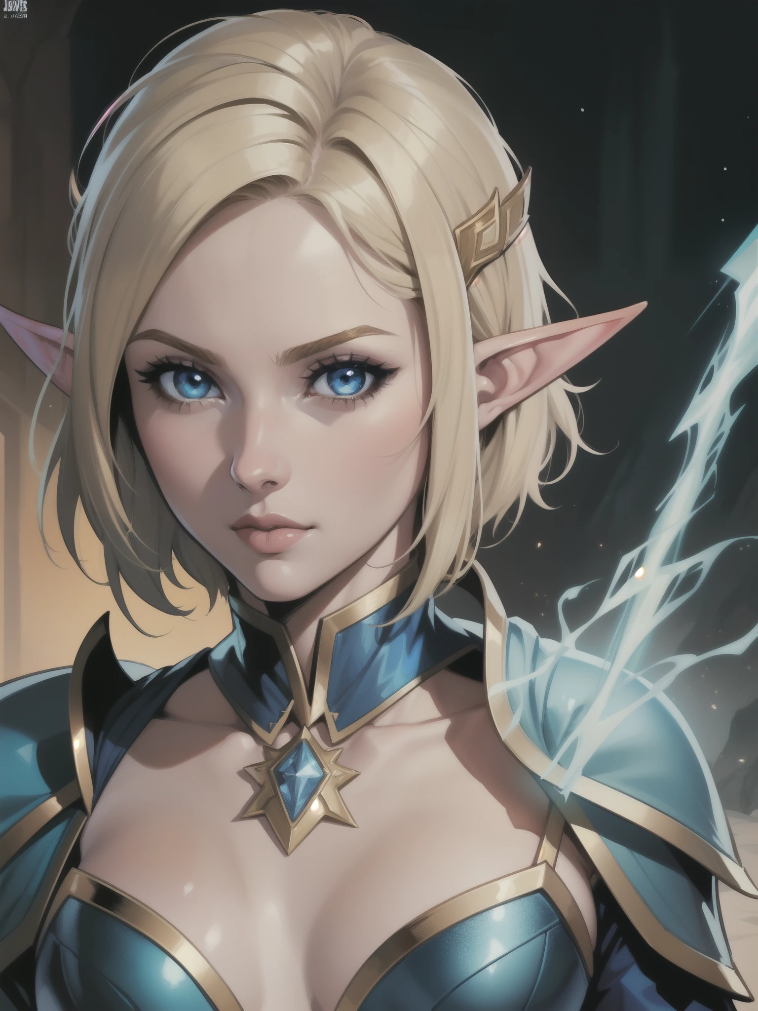 Portrait, Masterpiece, Excellent, 1girl, solo, complex details, color diffusion, comic book, anime, marvel, DC, close-up shot, fair skin, elven female, small chest, elf ears, blonde hair, short hair, blue eyes, epic attire, mage attire, sorceress, cute, Elven mage, Sci-Fi, Fantasy