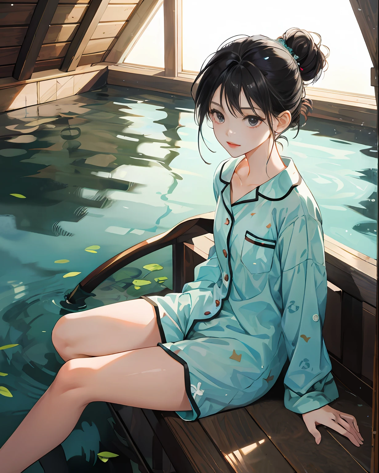 Superb masterpiece, 1girll,Hair up, Fair skin, Girls' pajamas, Black hair, Girl, Black eyes, Thigh clothing, coalescence, Super clear, face retouch, Pond background, looking at viewert,Sitting in the attic