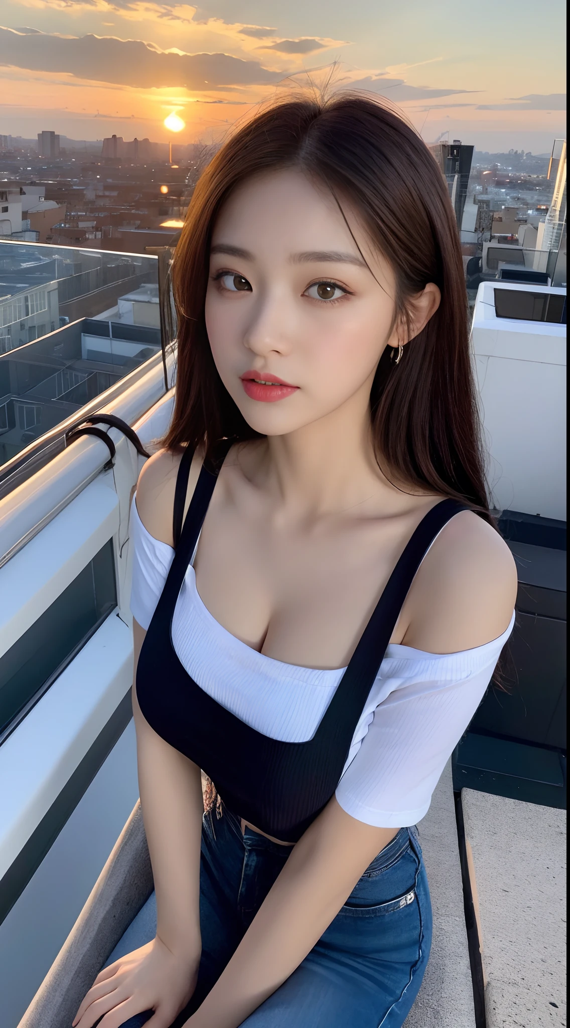 ((Midnight, Best quality, 8k, Masterpiece :1.3)), Whole body, Long legs, Sharp focus :1.2, A pretty woman with perfect figure :1.4, Slender abs :1.1, ((Dark brown hair, Big breasts :1.2)), (White tight tshirt, Jean bib, Standing:1.2), ((Night city view, Rooftop:1.3)), Highly detailed face and skin texture, Detailed eyes, Double eyelid, sunset, darken, backlit, off shoulder