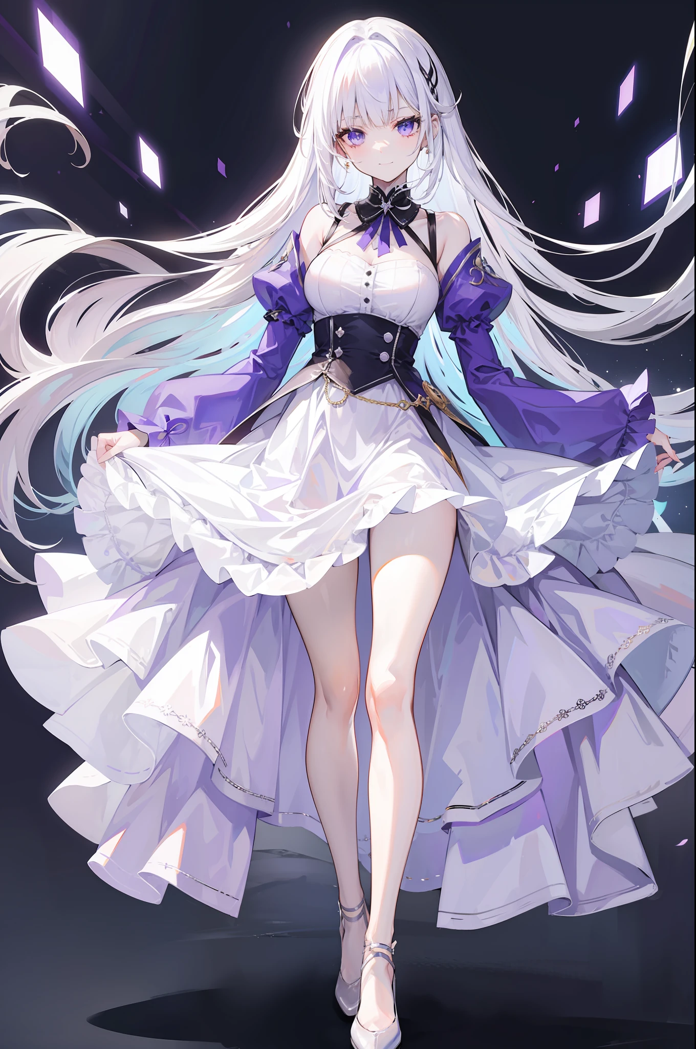 Beautiful girl with white hair,Violet skirt,Tall and tall,slenderness,With a smile,Flushed face,Standing in Wonderland,Radiant