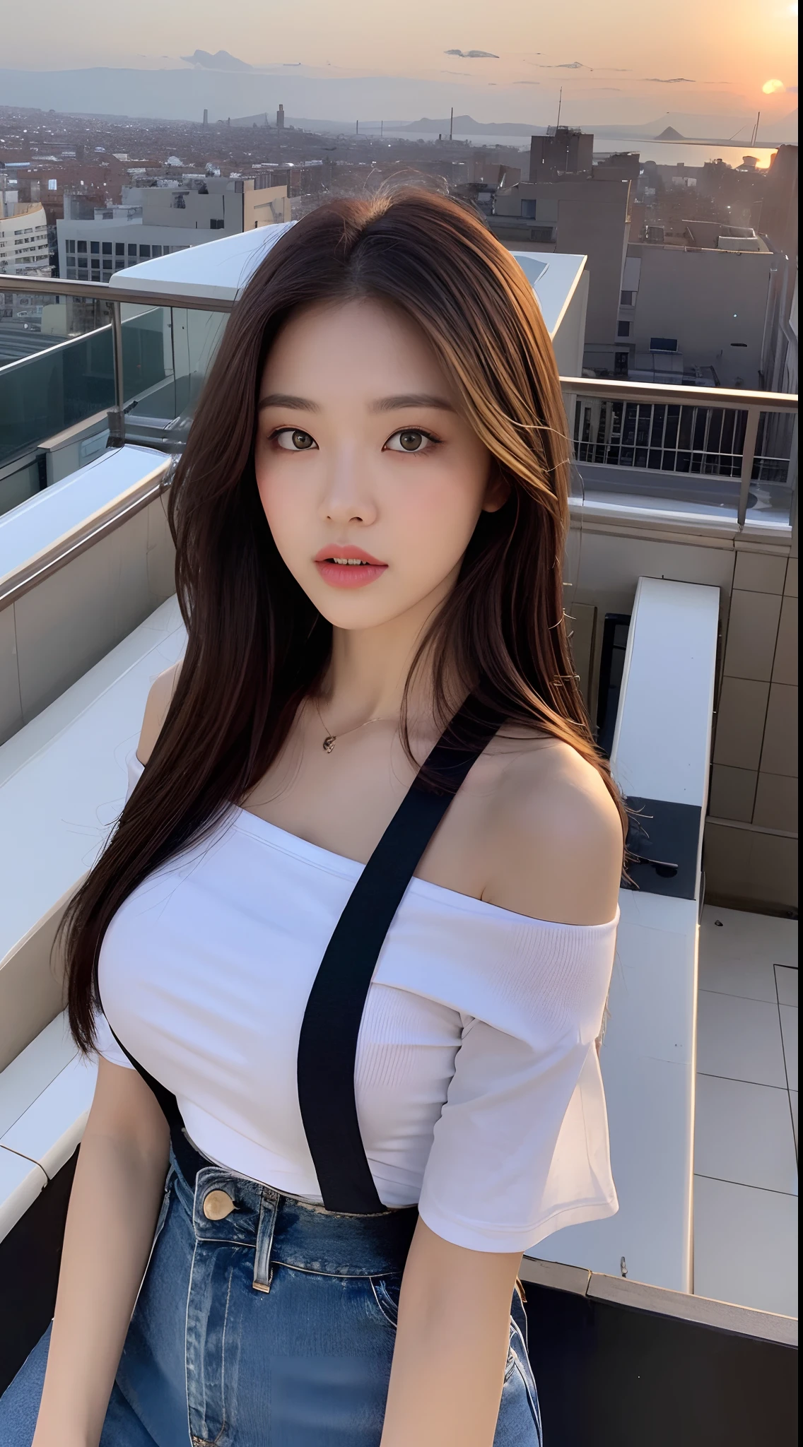((Midnight, Best quality, 8k, Masterpiece :1.3)), Whole body, Long legs, Sharp focus :1.2, A pretty woman with perfect figure :1.4, Slender abs :1.1, ((Dark brown hair, Big breasts :1.2)), (White tight tshirt, Jean bib, Standing:1.2), ((Night city view, Rooftop:1.3)), Highly detailed face and skin texture, Detailed eyes, Double eyelid, sunset, darken, backlit, off shoulder