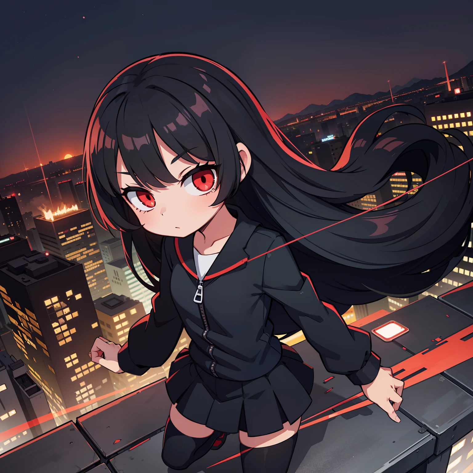 a **** with long black hair, red glowing eyes, petite body, black suit, standing on ledge overlooking city skyline at night