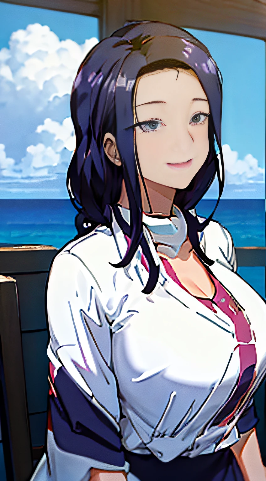 tmasterpiece,best qualtiy,cinematic Film still from,1girl,(closeup cleavage:1.1),brightly,cheerfulness,intriguing,gentlesoftlighting,(bauhause,shape,lineworks,abstracted:1.1)Hinata Hinata,Upper body,Ruffle your hair,ssmile,big laughter,cheerfulness,the ocean,比基尼,Purple hair big breasts,Bigchest,Blushlush,looking at viewert,wavey hair,long whitr hair,clouds,spatter,wave,suns,mont,dampness
