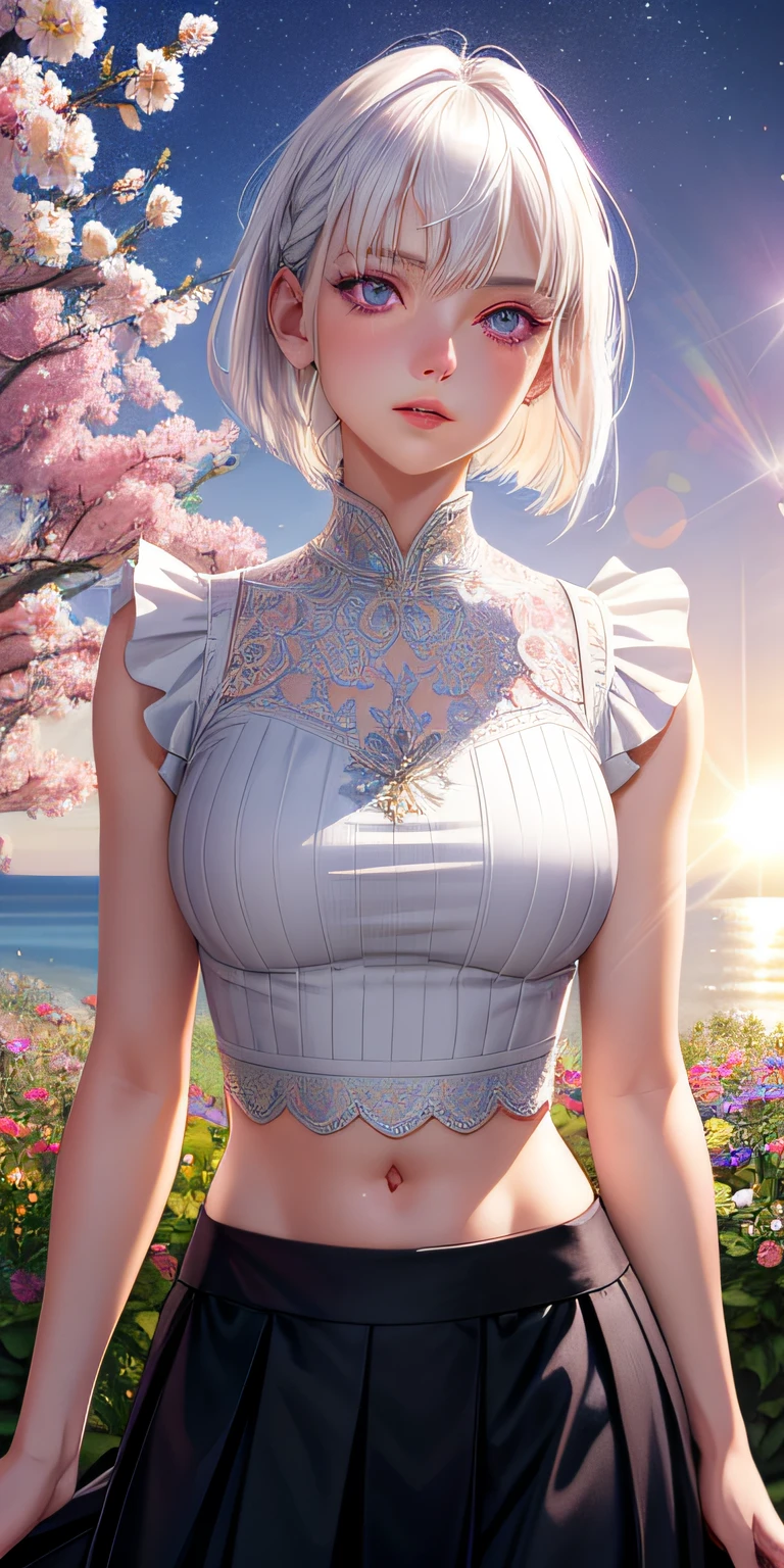 realistic, 1girl, white hair, purple eyes, glowing eyes, crop top, skirt, parted lips, blush, night, flowers, sun, sunlight,