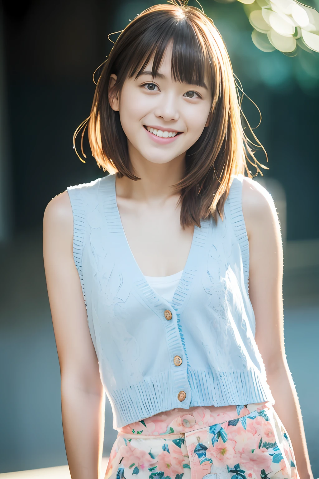 (Light blue sleeveless cardigan),(white tank tops), Lens 135mm f1.8, (Best Quality),(Raw photo), (masutepiece:1.1), (Beautiful 18 year old Japan girl), cute  face, (Chiseled face:0.7), (hitornfreckles:0.6), Dappled sunlight, Dramatic Lighting、(Pink floral shorts),(beautiful thigh),Twin-tailed, (Smile),(Sparkling eyes)、