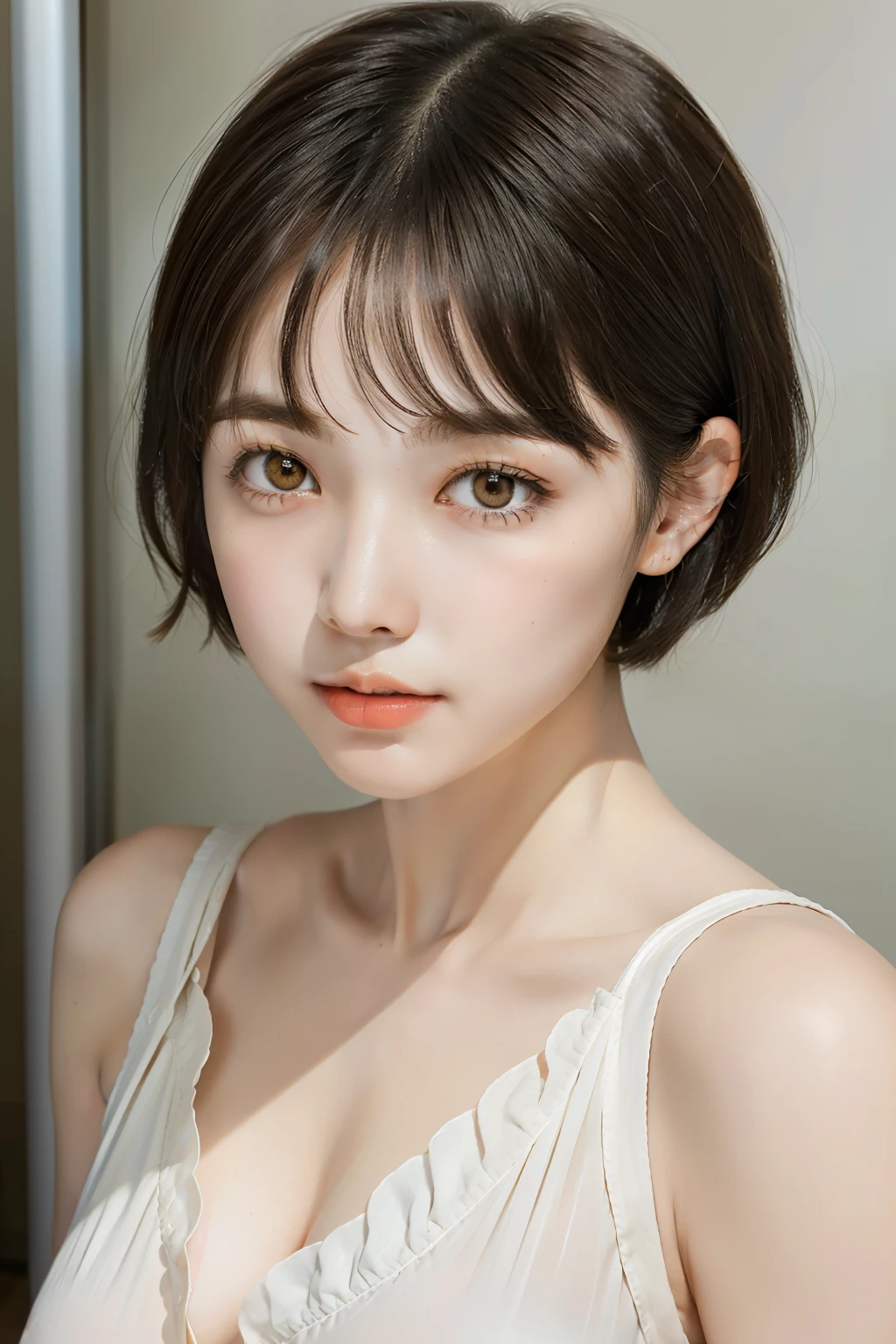 (top-quality,​masterpiece),(Japan model doing tachishoben),(very beautiful face,Left and right symmetrical eyes,A detailed eye),(so short hair,Brown hair),(huge tit),