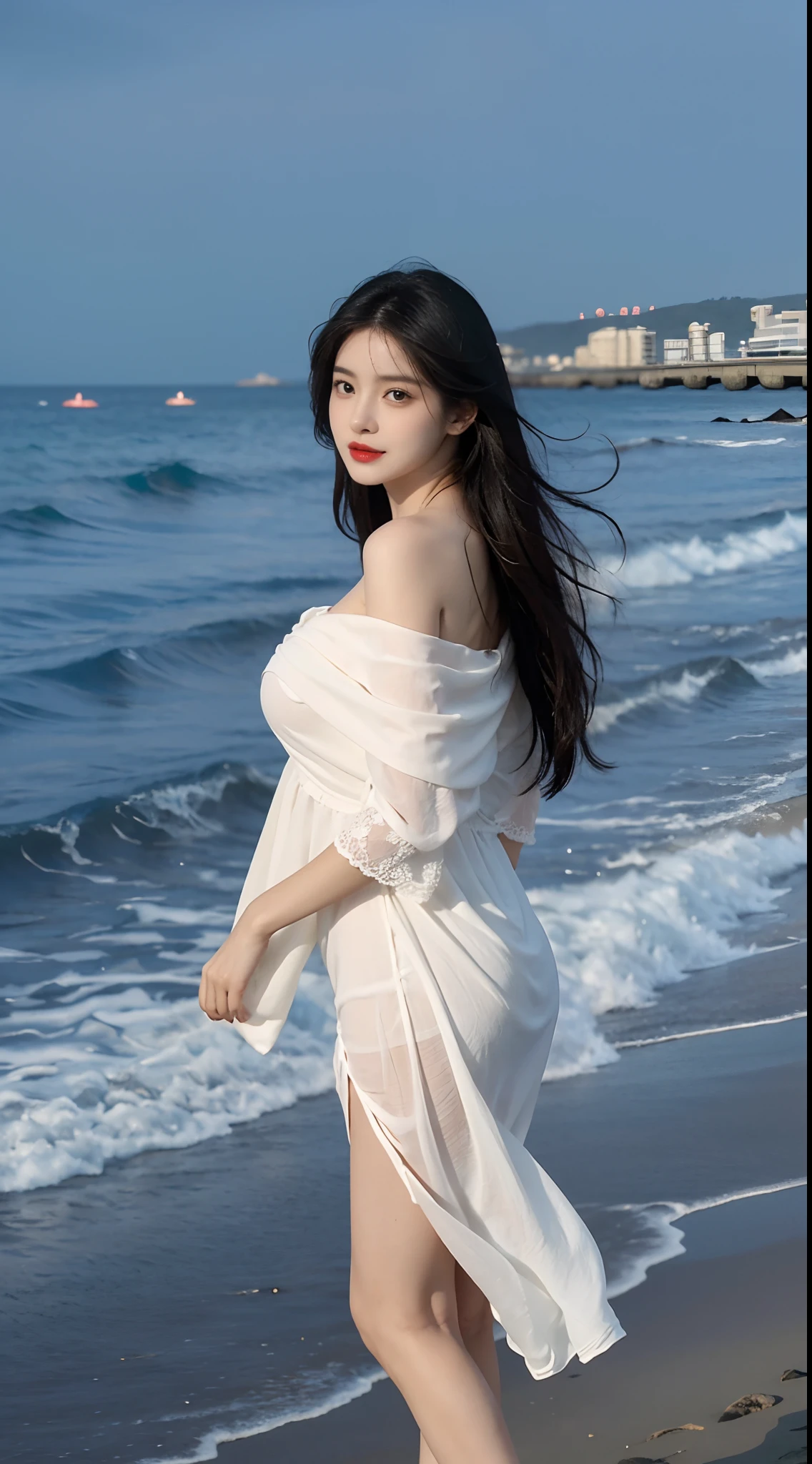 facing at camera,face to the viewer,standing on your feet,High picture quality,Works of masters,Kizi,Black hair,Long hair shawl,Long hair flowing over the shoulders,cropped shoulders,鎖骨,exquisite face,Hydrated red lips,white off shoulder dress clothes,鎖骨,facing at camera,A sad expression,Bust,Real Persono,(the sea,sandbeach),CG rendering,16k,Stand up,The night view was beautiful,A sad parting,hyper HD,The details were perfect,The picture is real,Extreme picture quality,Highest accuracy,8K resolution,Shades of darkness,8K, Yes ,Ultra HD,8K