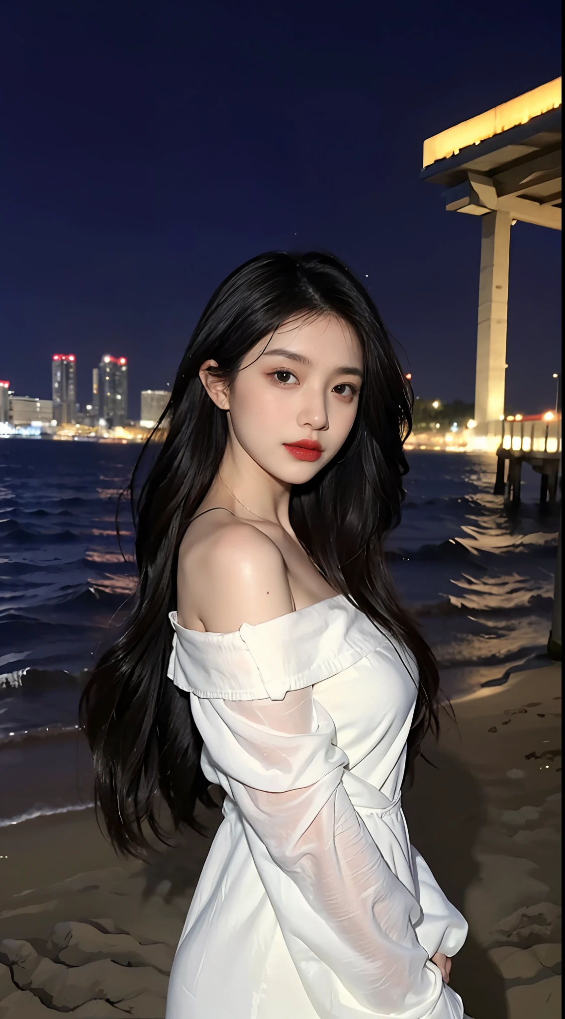 facing at camera，face to the viewer，standing on your feet，High picture quality，Works of masters，Kizi，Black hair，Long hair shawl，Long hair flowing over the shoulders，cropped shoulders，鎖骨，exquisite face，Hydrated red lips，white off shoulder dress clothes，鎖骨，facing at camera，A sad expression，Bust，Real Persono，（the sea，sandbeach），CG rendering，16k，Stand up，The night view was beautiful，A sad parting，hyper HD，The details were perfect，The picture is real，Extreme picture quality，Highest accuracy，8K resolution，Shades of darkness，8K, Yes ,Ultra HD,8K