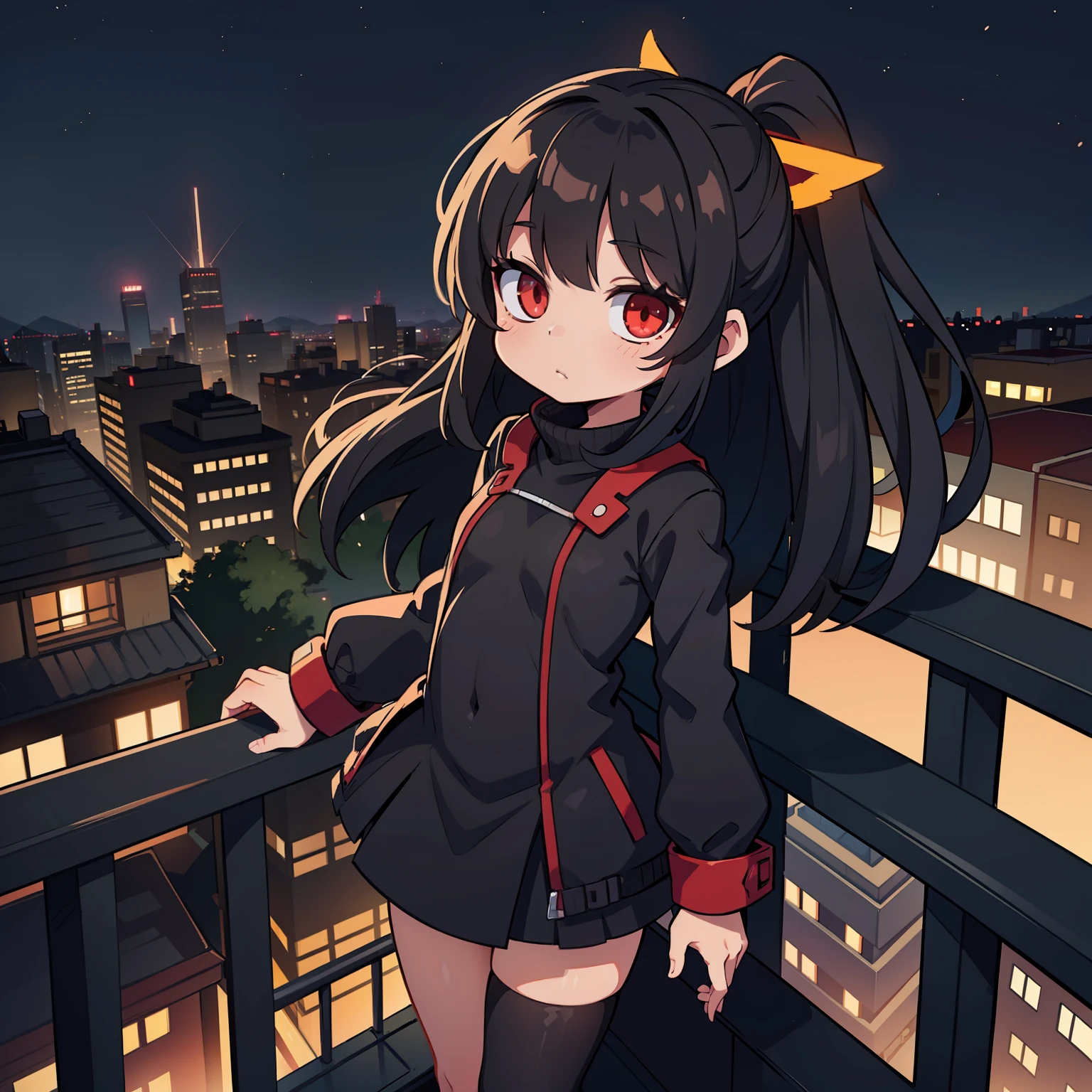 cute loli with long black hair, red glowing eyes, small body, black suit, standing on balcony overlooking city skyline at night