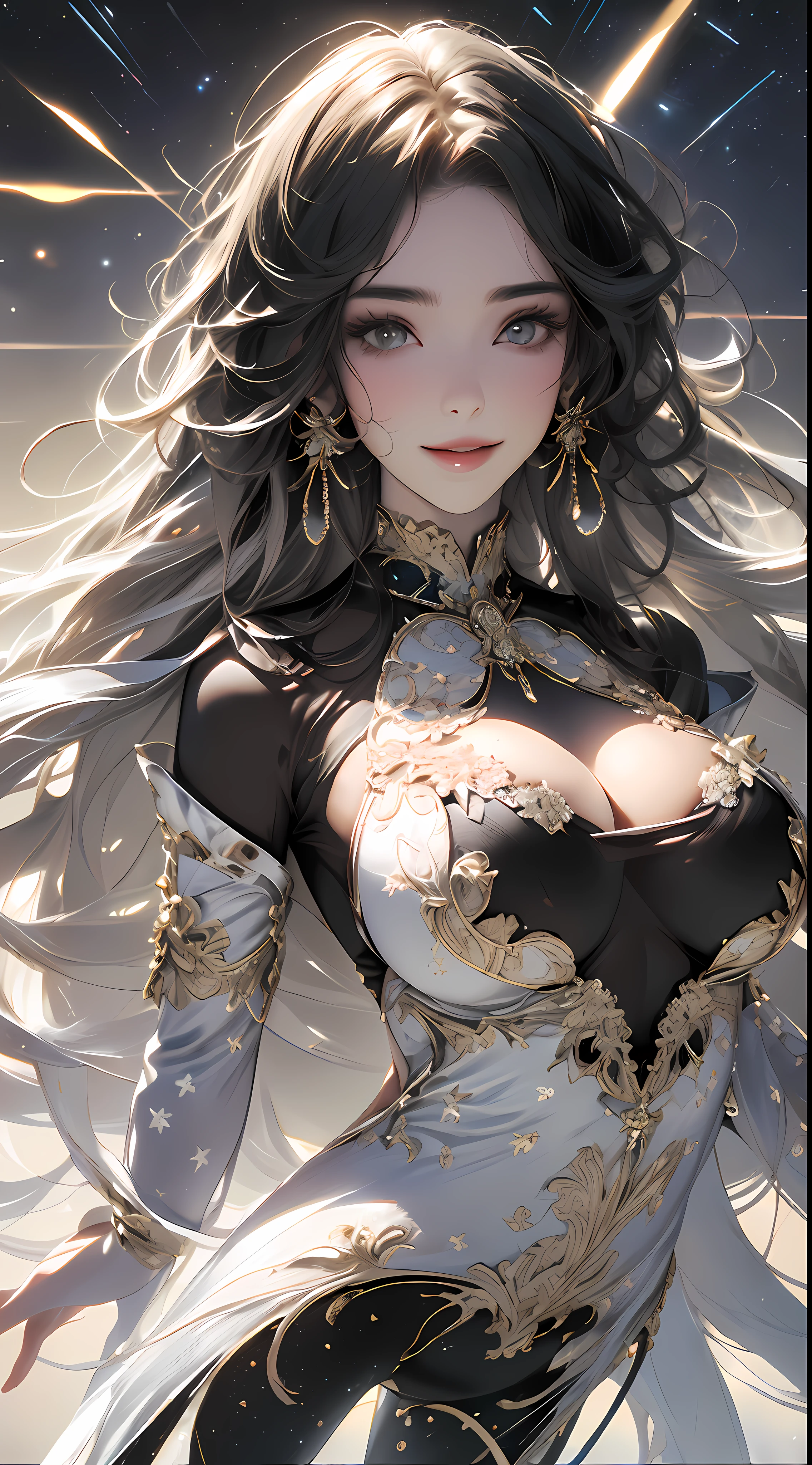 （（top-quality，photorealestic，Realistic 8K， tmasterpiece： 1.3））， ((Full body like:1:2)),Telescopic shot： 1.4，Delicate，  (( perfect bodies）），((Bigchest))，((The background is under the stars))，White lace dress： 1.1， Highly Detailed Face and Skin Textur，1girll， Whitens the skin， ((cabelos preto e longos：1:1))， Smile back，