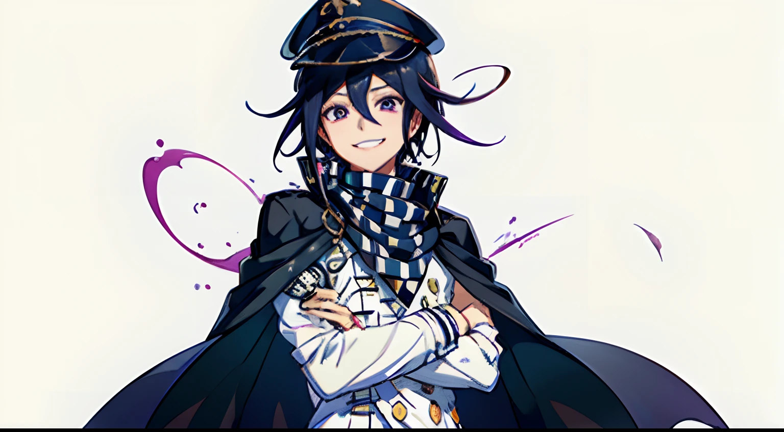 (Masterpiece, Best Quality:1.2), Cowboy shot, 独奏, male focus, 1boy, Kokichi's own, grin, looking a viewer, crossed arms, peaked cap, jacket, Buttons, black cape, white pants, tartan scarf, avant-garde background, abstraction, (tmasterpiece), (beste-Qualit), (overdetalization), (trendy clothes), stands, Model, looks at the viewer, (interview), (Simple background), beautiful detail eyes, Gentle beautiful face, soaring, (high saturation), (Colorful splashes), Colorful Bubble, (radiance), facial focus, (radiance), better lighting, better shadow, (tmasterpiece, hiquality, beste-Qualit),