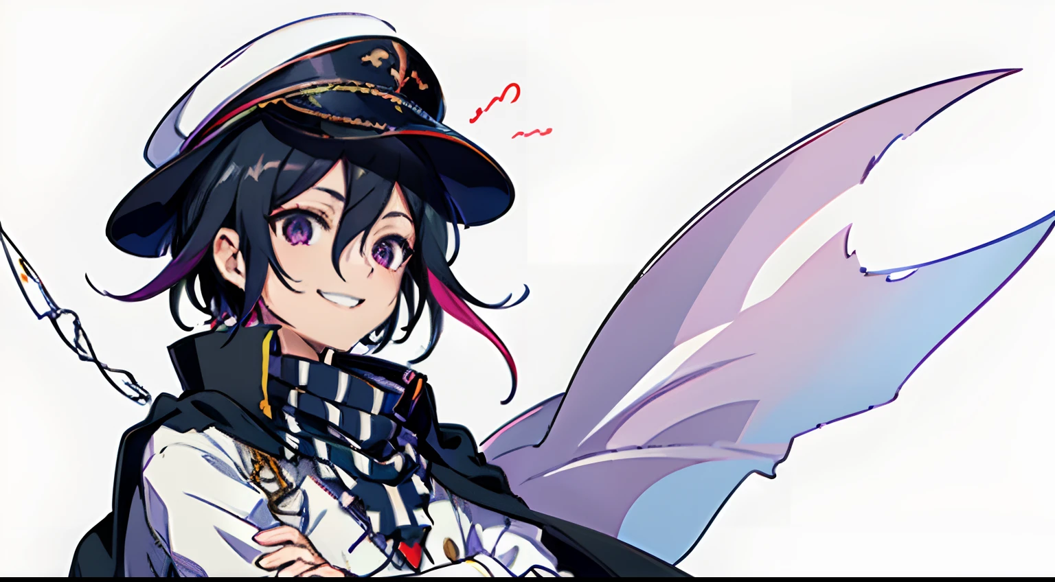 (Masterpiece, Best Quality:1.2), Cowboy shot, 独奏, male focus, 1boy, Kokichi's own, grin, looking a viewer, crossed arms, peaked cap, jacket, Buttons, black cape, white pants, tartan scarf, avant-garde background, abstraction, (tmasterpiece), (beste-Qualit), (overdetalization), (trendy clothes), stands, Model, looks at the viewer, (interview), (Simple background), beautiful detail eyes, Gentle beautiful face, soaring, (high saturation), (Colorful splashes), Colorful Bubble, (radiance), facial focus, (radiance), better lighting, better shadow, (tmasterpiece, hiquality, beste-Qualit),