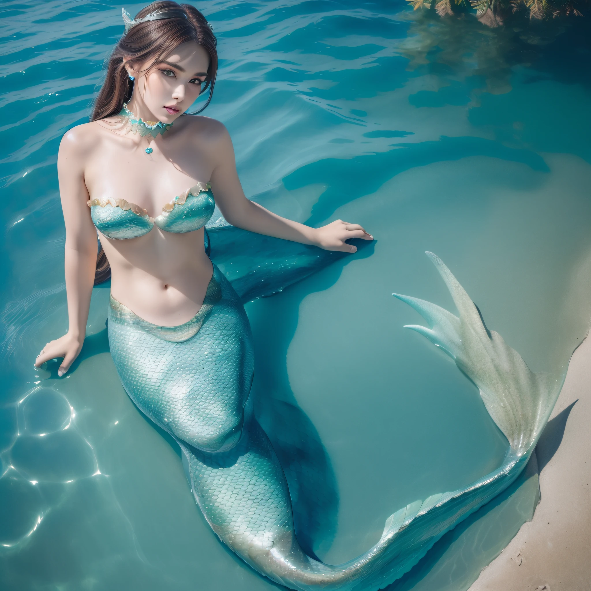 (photorealistic:1.4), ((Best quality, 8k, Masterpiece :1.3)), raw photo, 1girl, Pretty girl, (Mermaid pricess:1.5), (random hairstyles), Ultra-detailed face, (full body:1.3), wide angle, dynamic angle, cinematic angle, Detailed eyes, ((Natural eyes and mouth)), (tiara, choker necklace, Armlet, earrings)