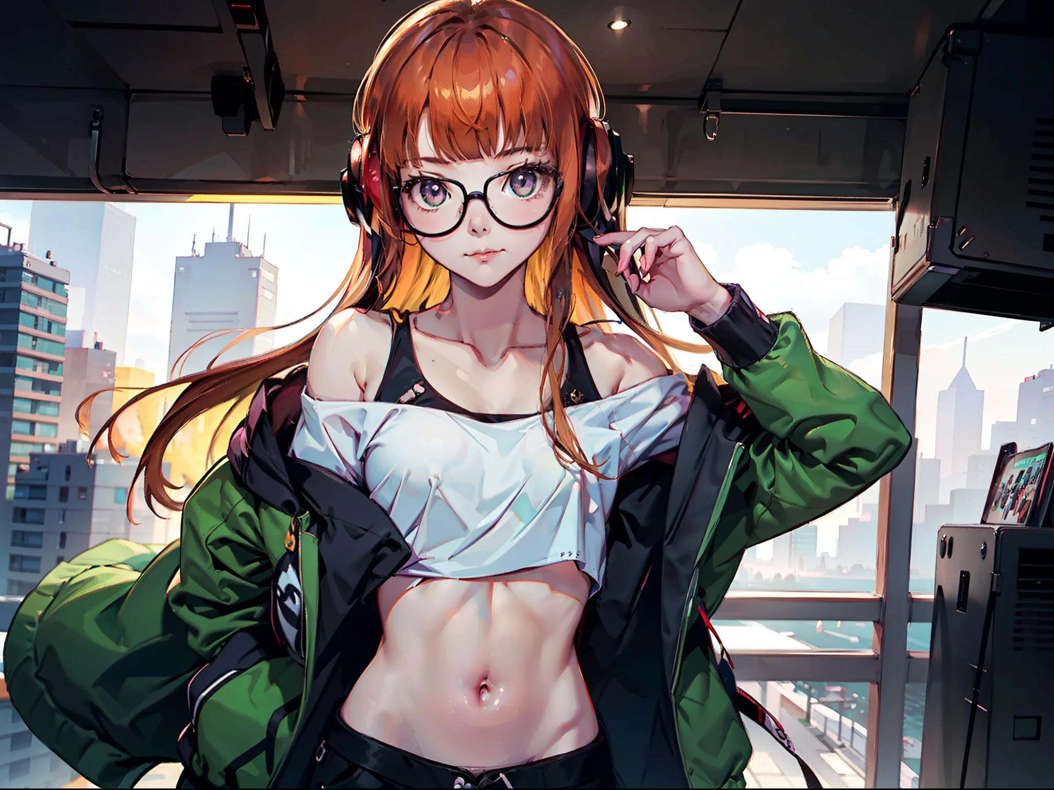 ((tmasterpiece)), (beste-Qualit), (detailed), (1 girl), Futaba, Futaba Sakura, white top, green jacket on top, bellybutton, off-shoulder, Hands Behind Your Back, little chest, In the center of the city, Fear on the face