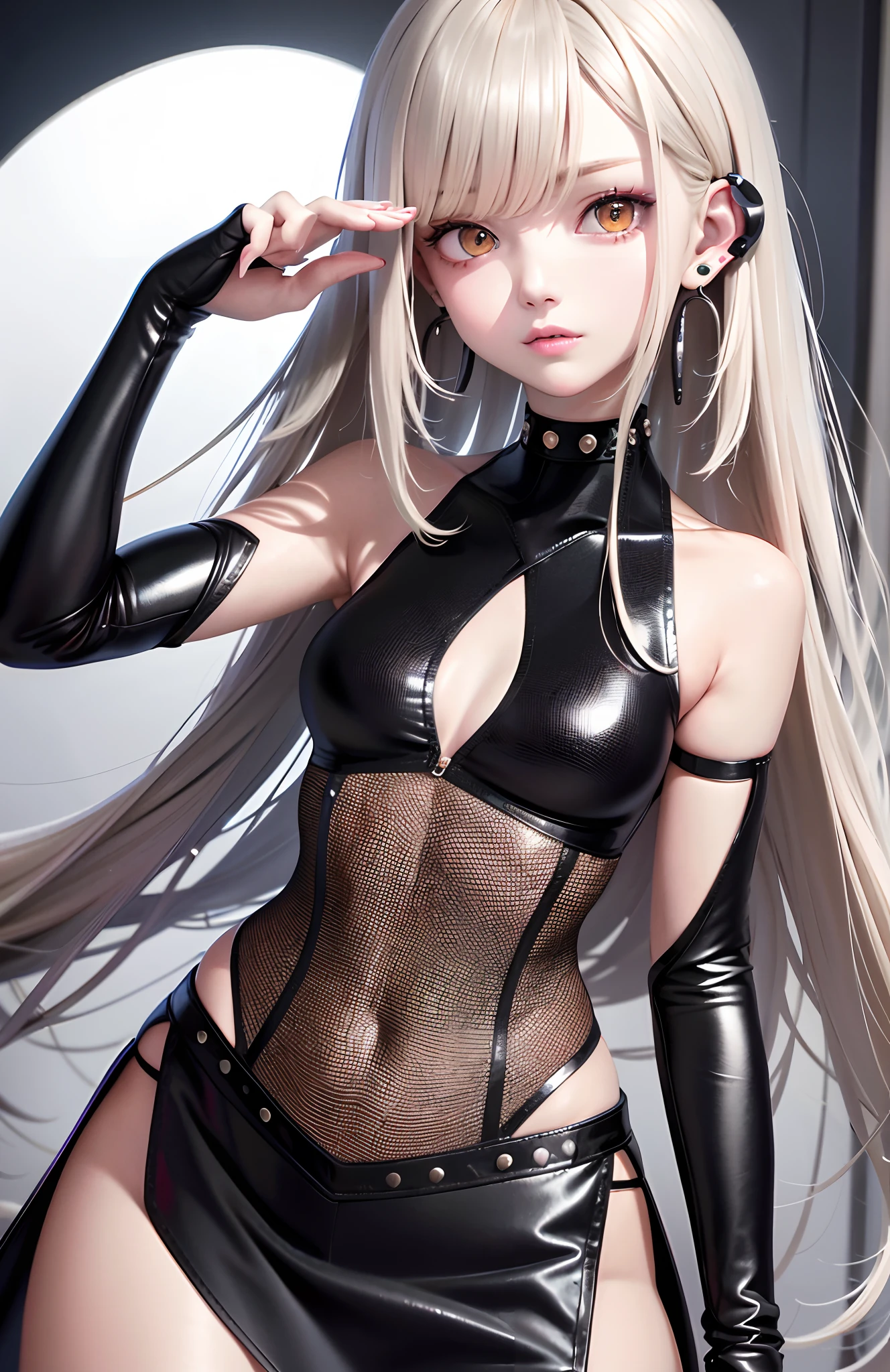 optimum，tmasterpiece，A high resolution，best qualtiy，hyper HD，super detailing，Award-Awarded，16k，独奏，（The upper part of the body），anatomy correct，Beautiful cyberpunk girl，Ex Machina，cute  face，high light，Gradient Beige Hair，Hairline，（（Scarlet eyes）），long eyelasher，Hanging eye corners，White skin of the，（small boobs），（Slim body），（（cardigan_vest）），（（high-waist_Skirt）），（），ear studs，（neck rings），（Laser material clothing：1.2）